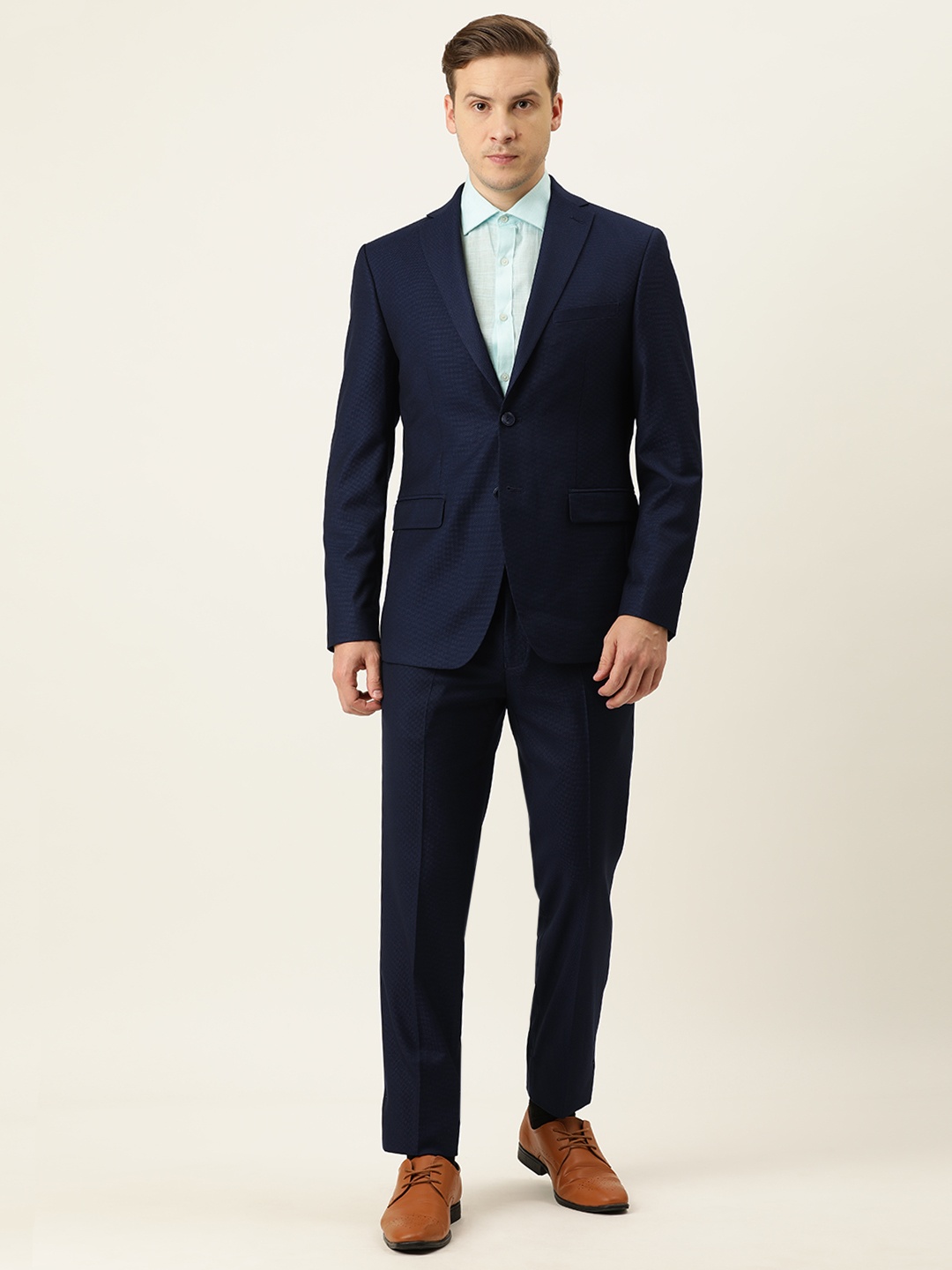 

Peter England Men Navy Blue Self Design Neo-Slim Fit Single-Breasted Formal Suit