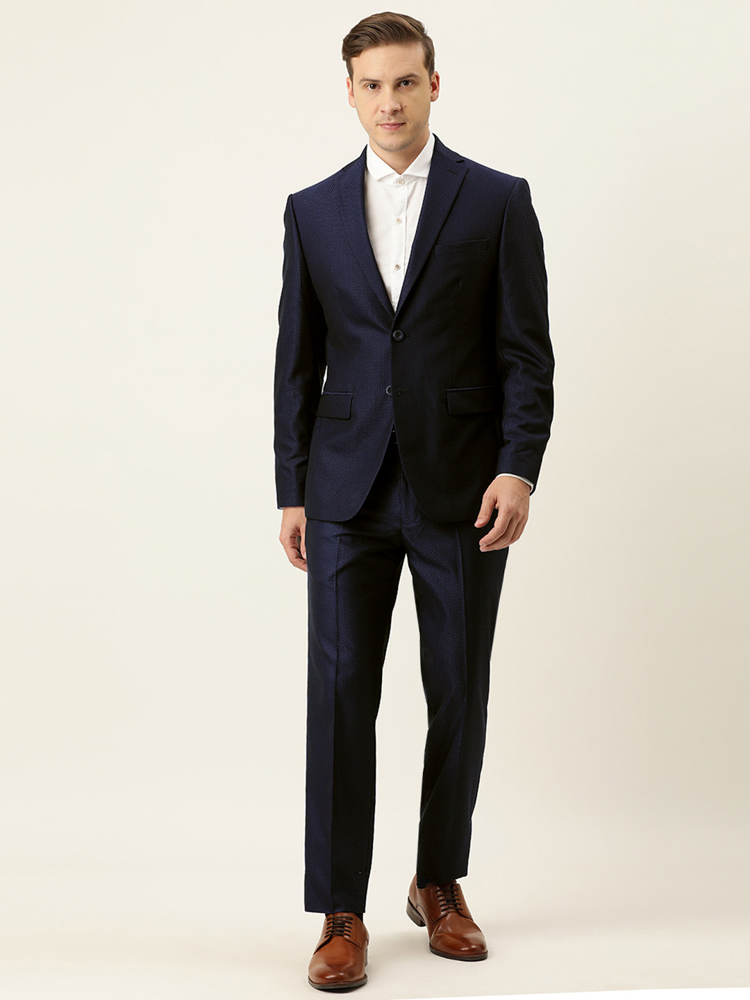 

Peter England Men Navy Blue Self Design Single-Breasted Two Piece Suit