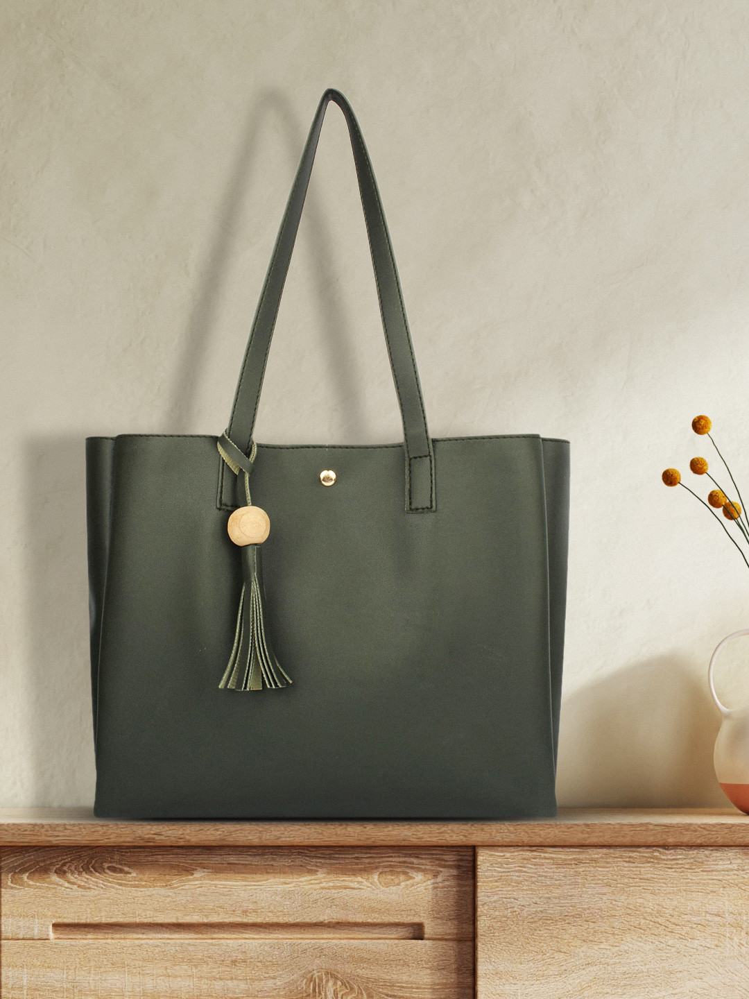 

MAMMON Olive Green PU Oversized Shopper Shoulder Bag with Tasselled