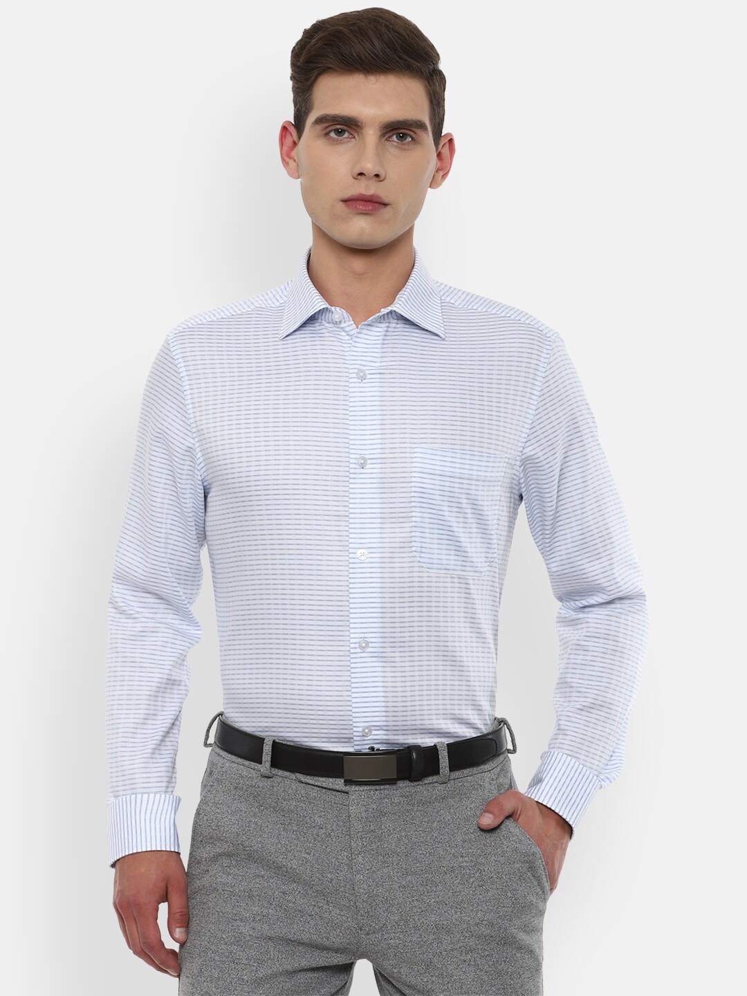 

Louis Philippe Men Blue Striped Pure Cotton Formal Shirt