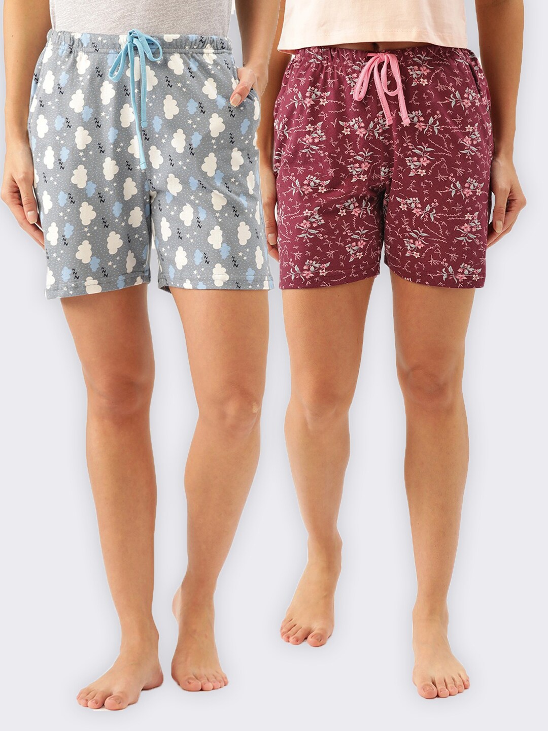 

Kanvin Women Pack Of 2 Grey & Maroon Printed Pure Cotton Lounge Shorts