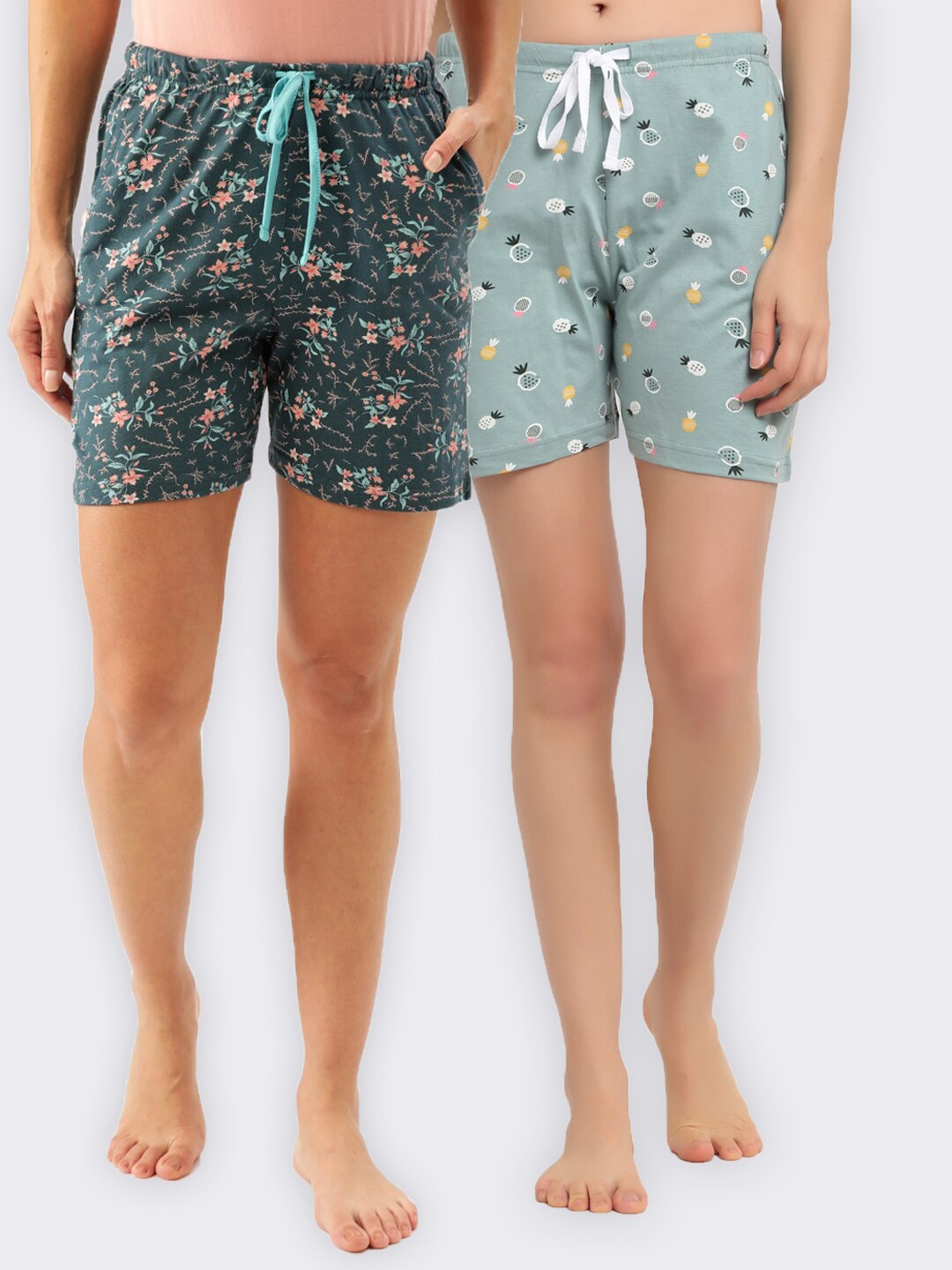 

Kanvin Women Pack Of 2 Teal Blue & Sea Green Printed Pure Cotton Lounge Shorts