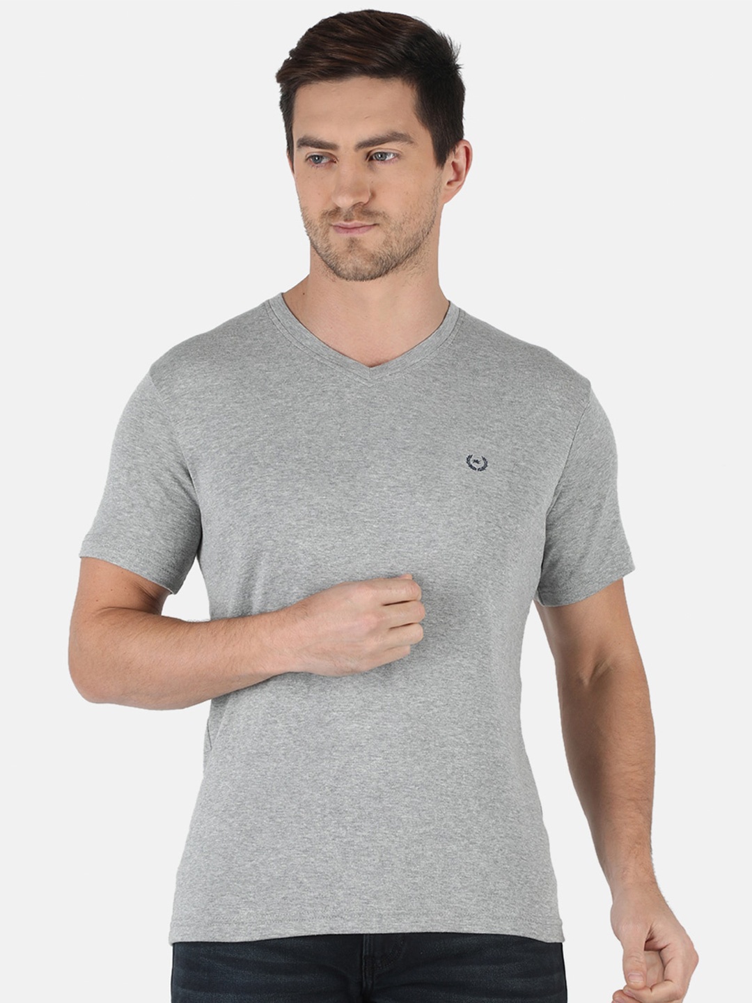 

Monte Carlo Men Grey Melange Solid V-Neck Raw Edge T-shirt