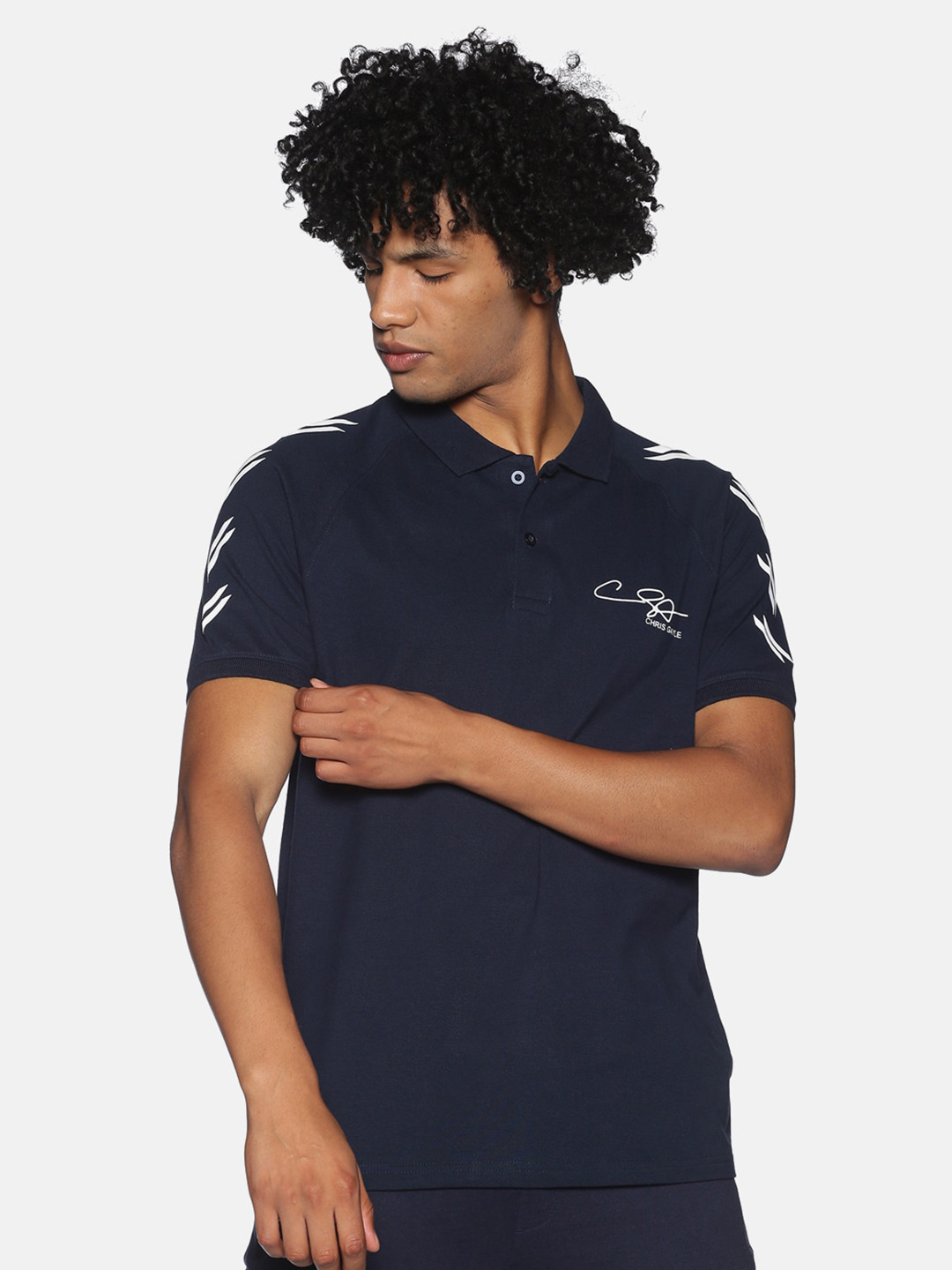 

ATTIITUDE Men Navy Blue Raglan Sleeves Polo Collar Pure Cotton Air Max Slim Fit T-shirt