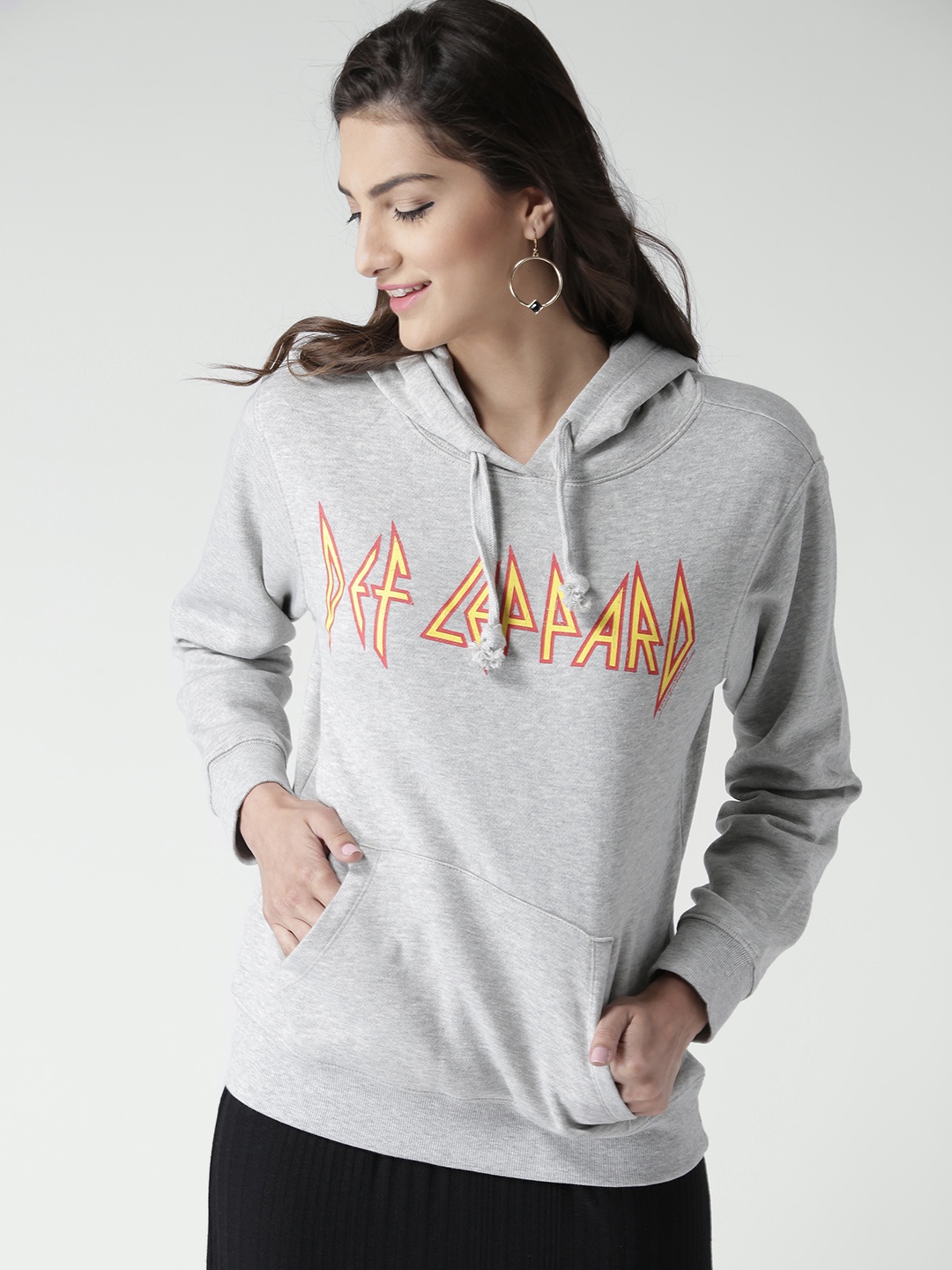 

FOREVER 21 Grey Melange Printed Hooded Sweatshirt