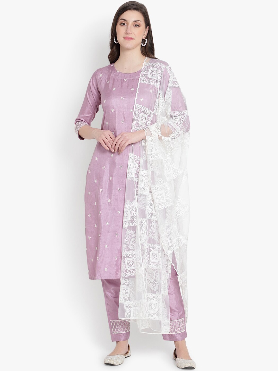 

heemara Women Purple Empire Thread Work Silk Chiffon Kurta with Trousers & With Dupatta