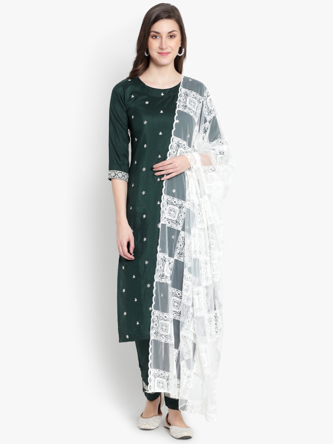 

heemara Women Green Floral Embroidered Thread Work Silk Chiffon Kurta with Trousers & With Dupatta