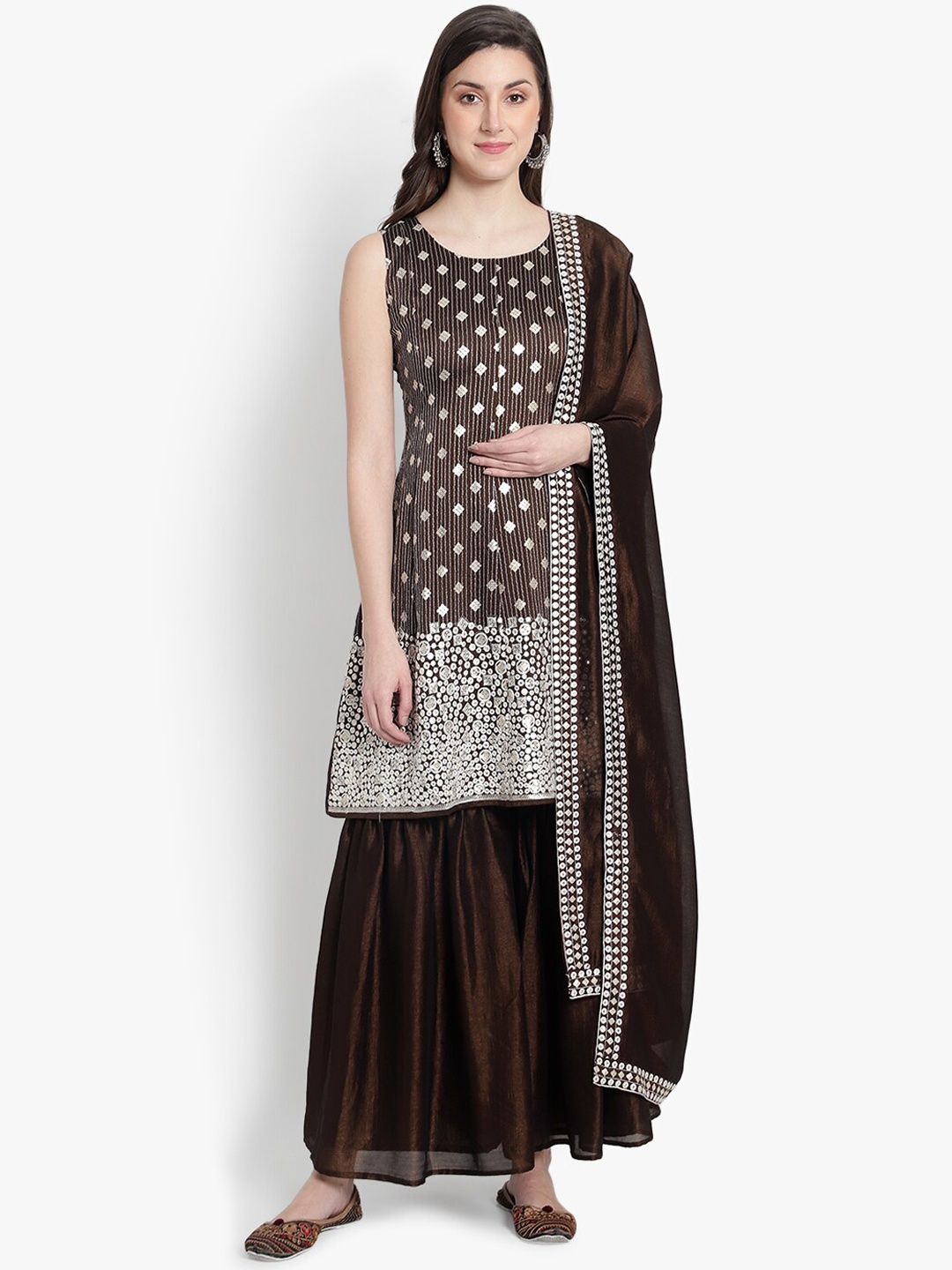 

heemara Women Coffee Brown Embroidered Pleated Sequinned Silk Chiffon Kurti with Sharara & With Dupatta