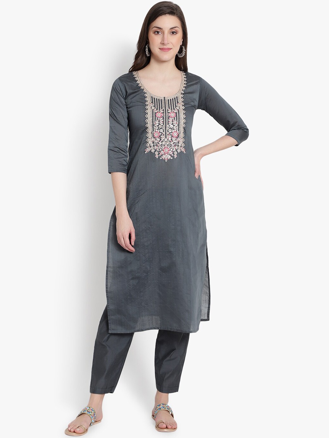 

heemara Women Grey Ethnic Motifs Embroidered Sequinned Kurta with Churidar & With Dupatta