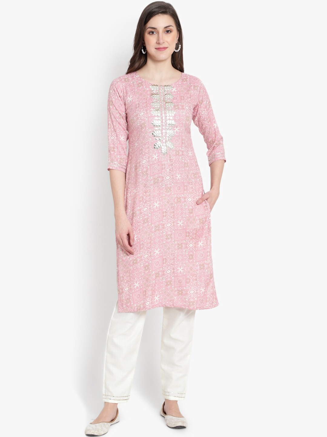 

heemara Women Pink Floral Embroidered Gotta Patti Kurta with Palazzos & With Dupatta