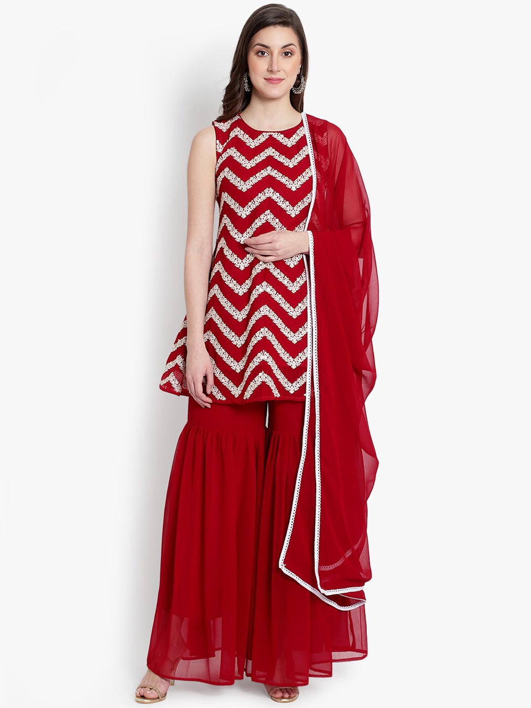 

heemara Women Red & White Embroidered Silk Georgette Kurti Set with Dupatta, Rose