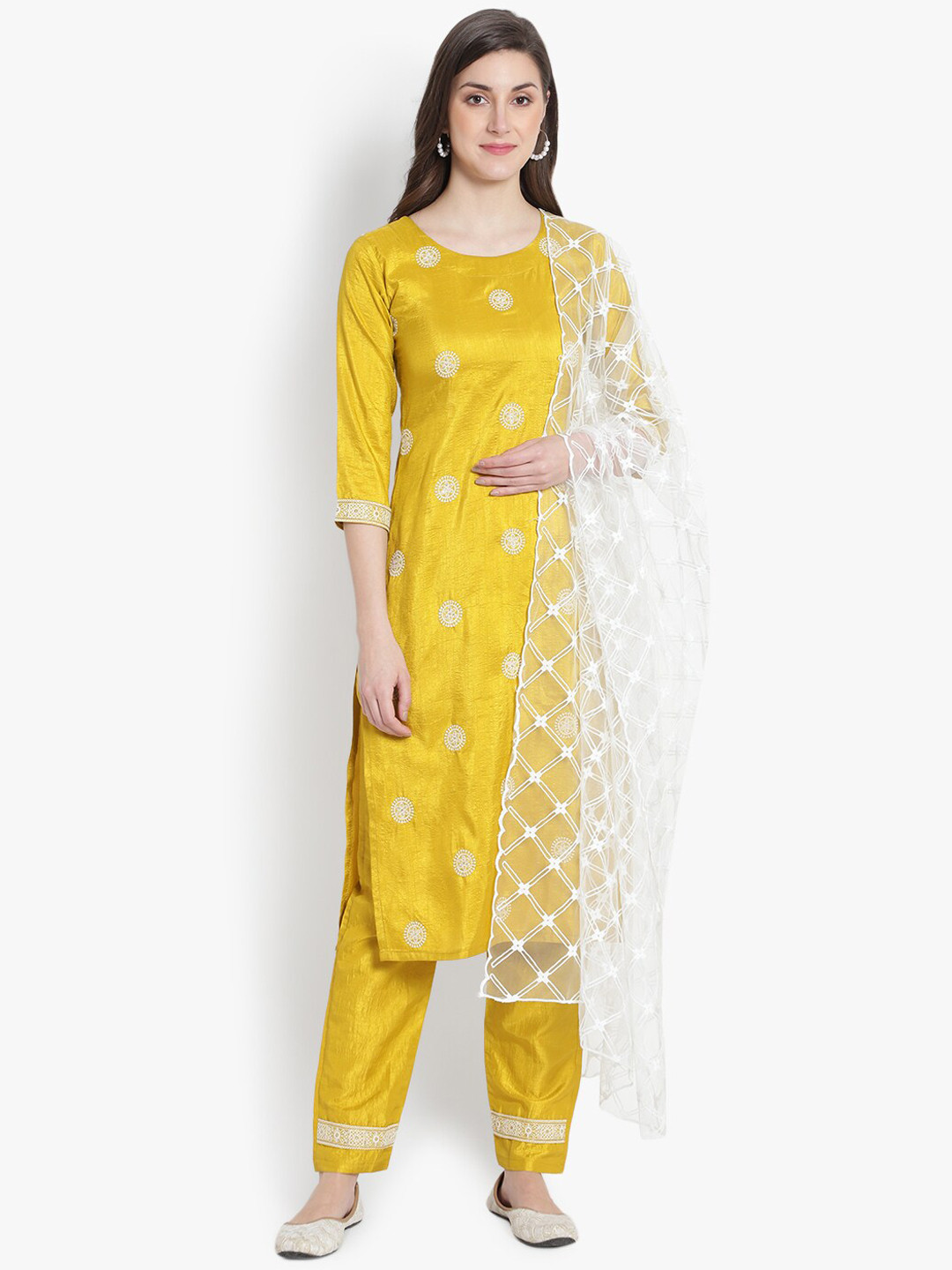 

heemara Women Mustard Yellow Ethnic Motifs Embroidered Thread Work Silk Chiffon Kurta with Trousers & With