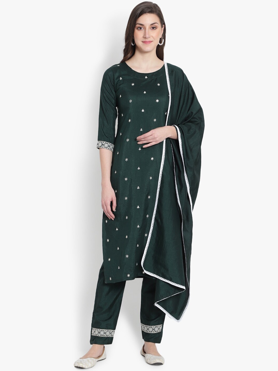

heemara Women Green & White Embroidered Silk Chiffon Kurta with Churidar & With Dupatta