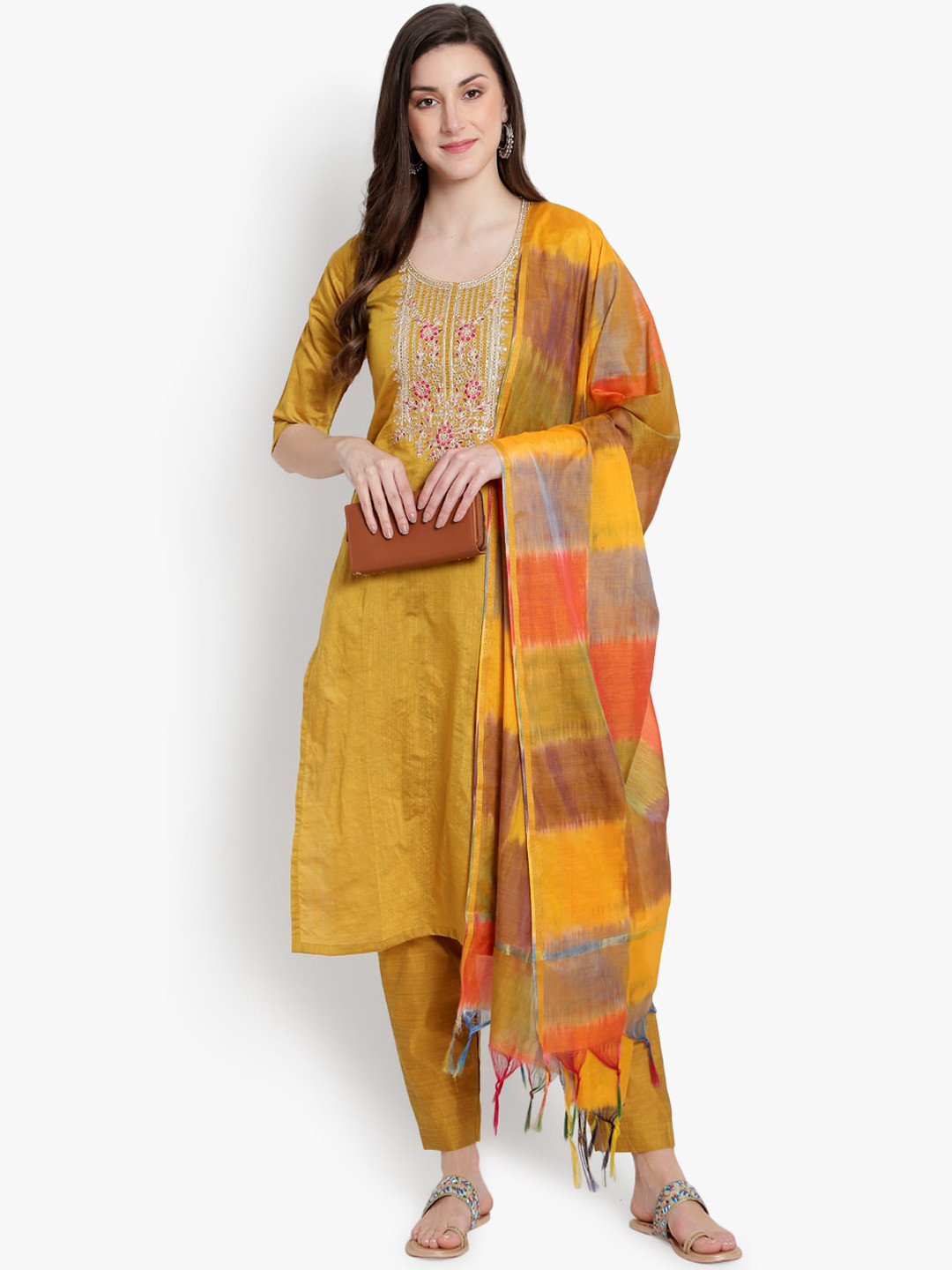 

heemara Women Mustard Yellow Yoke Embroidered Sequined Kurta with Trousers & Dupatta