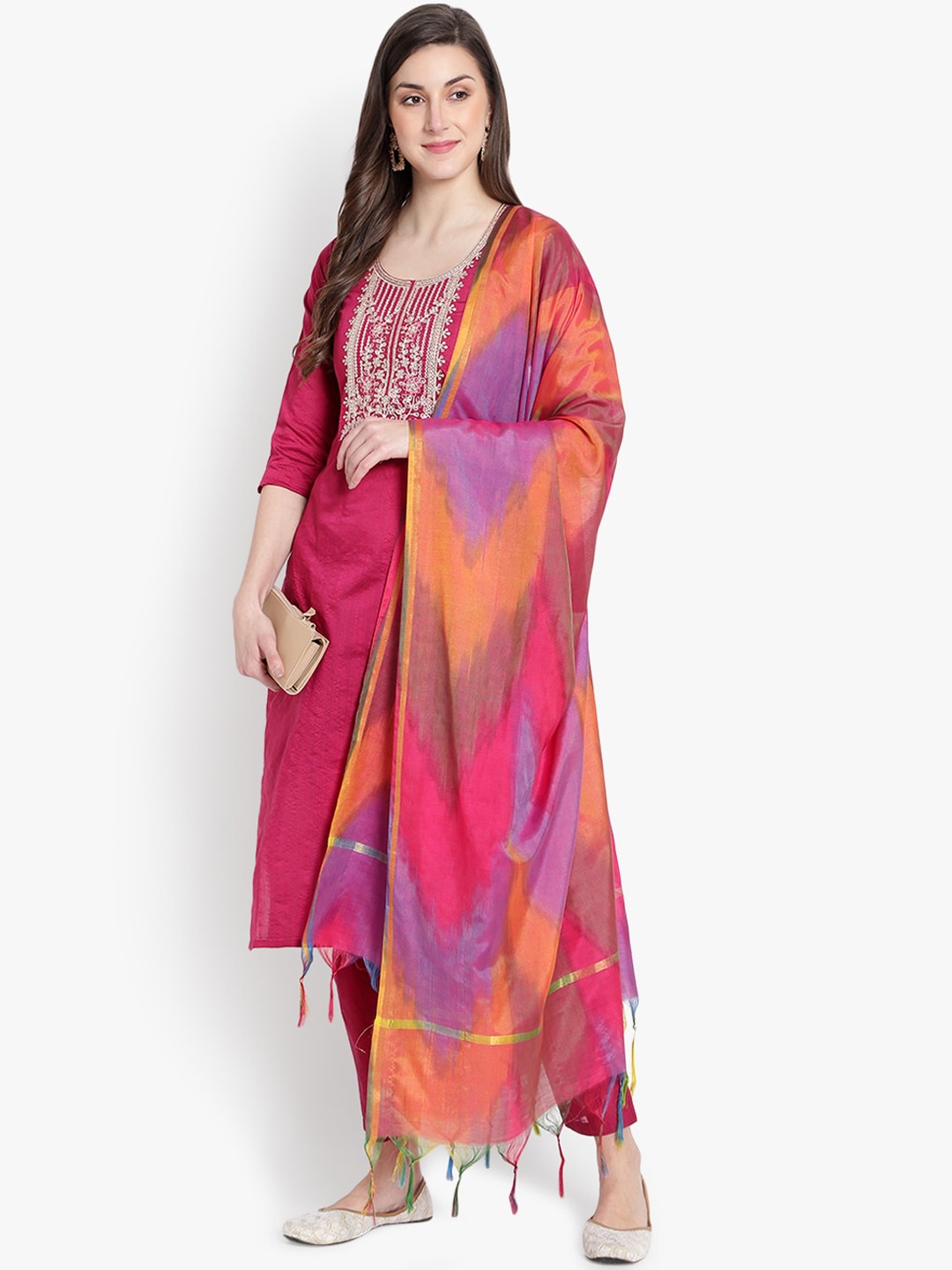 

heemara Women Pink Yoke Design Embroidered Kurta with Trousers & With Dupatta