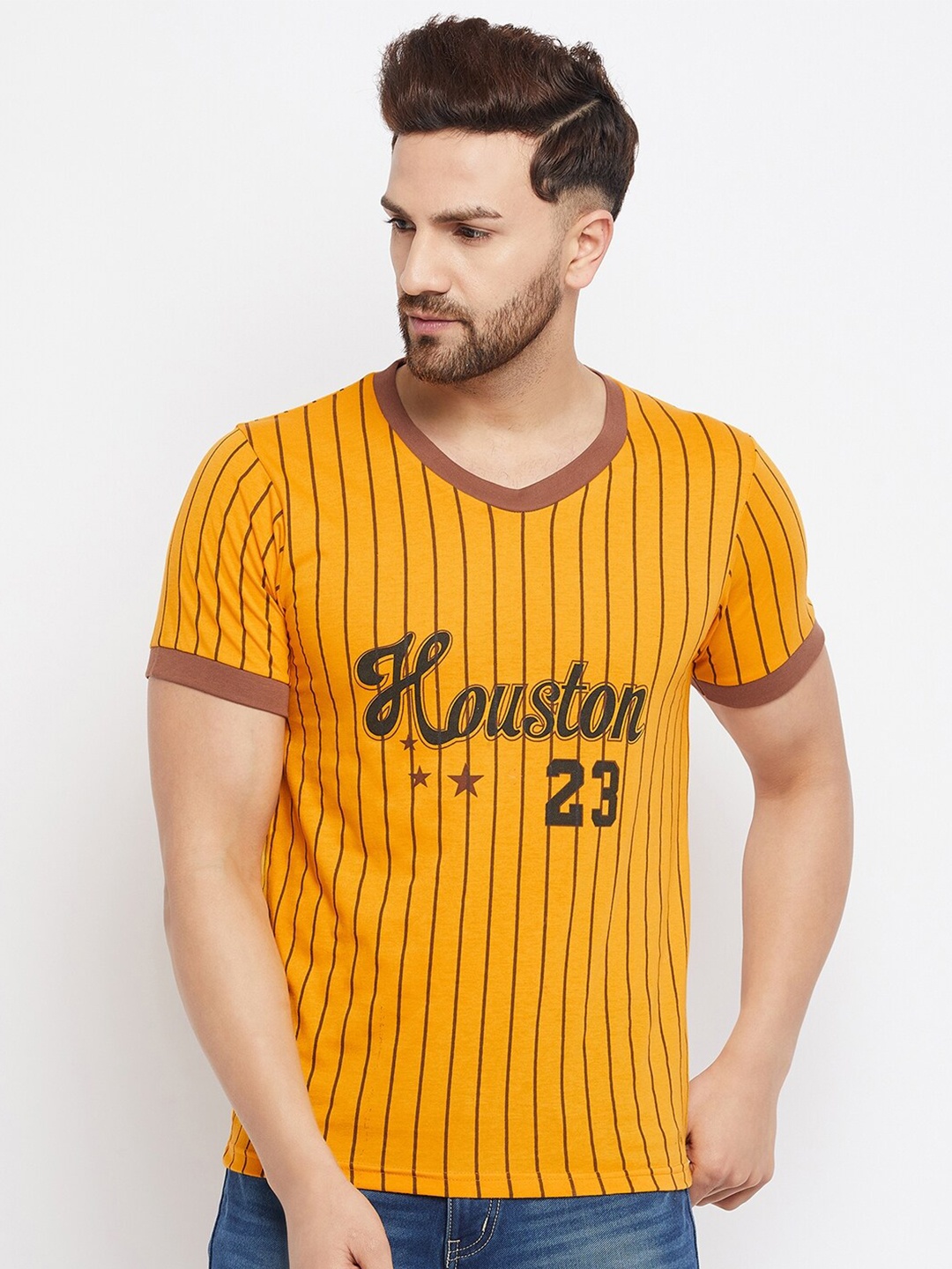 

THE MILLION CLUB Men Yellow Striped V-Neck T-shirt