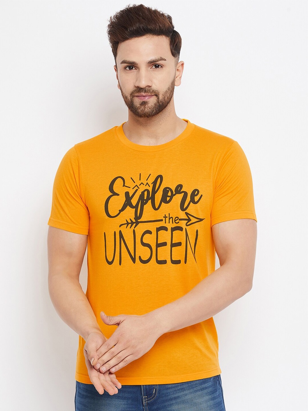 

THE MILLION CLUB Men Yellow Typography Printed Regular-Fit T-shirt