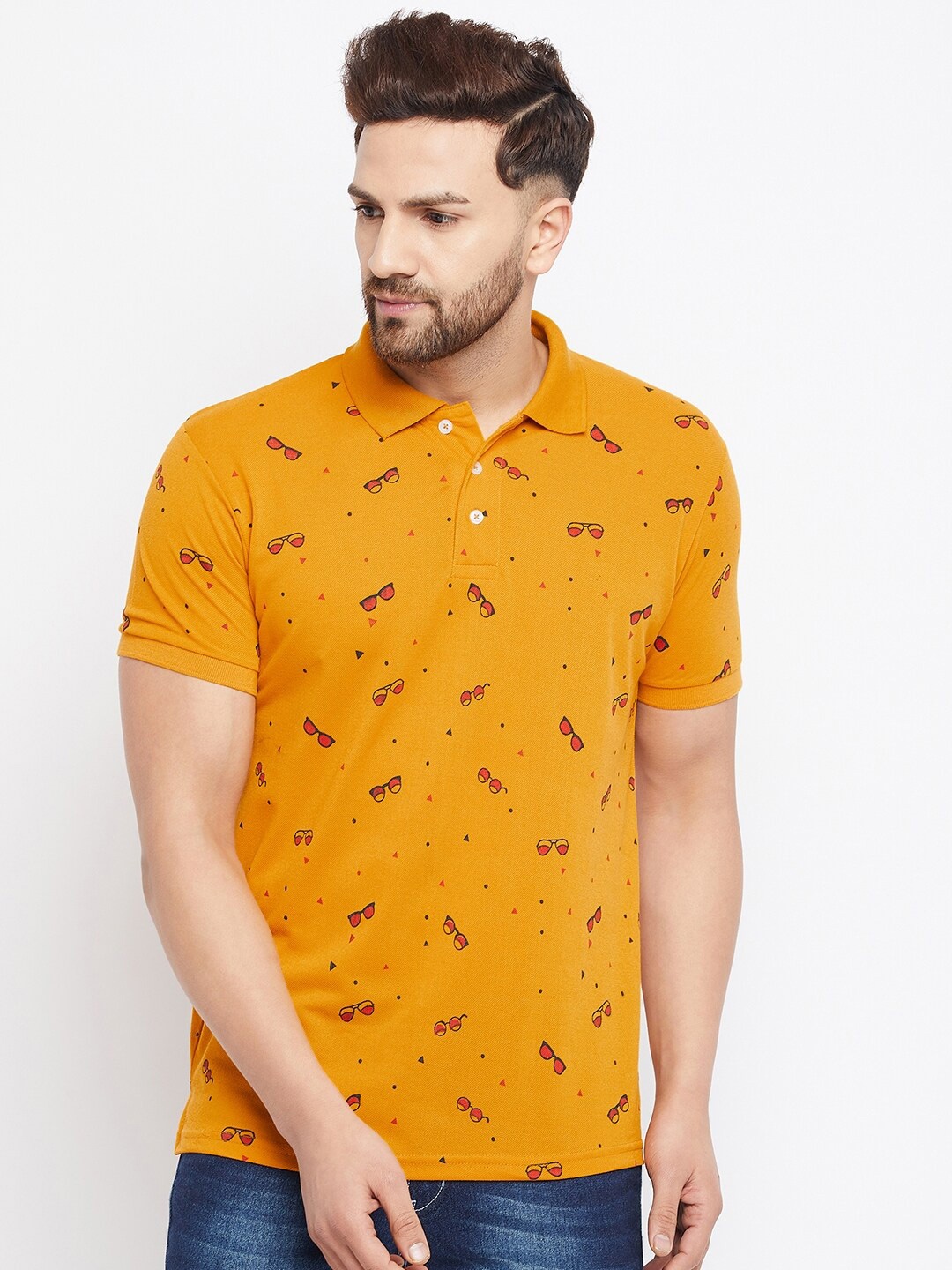 

THE MILLION CLUB Men Mustard Yellow Printed Polo Collar T-shirt