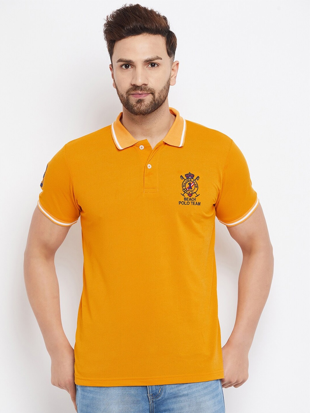 

THE MILLION CLUB Men Mustard Yellow Polo Collar Regular-Fit T-shirt