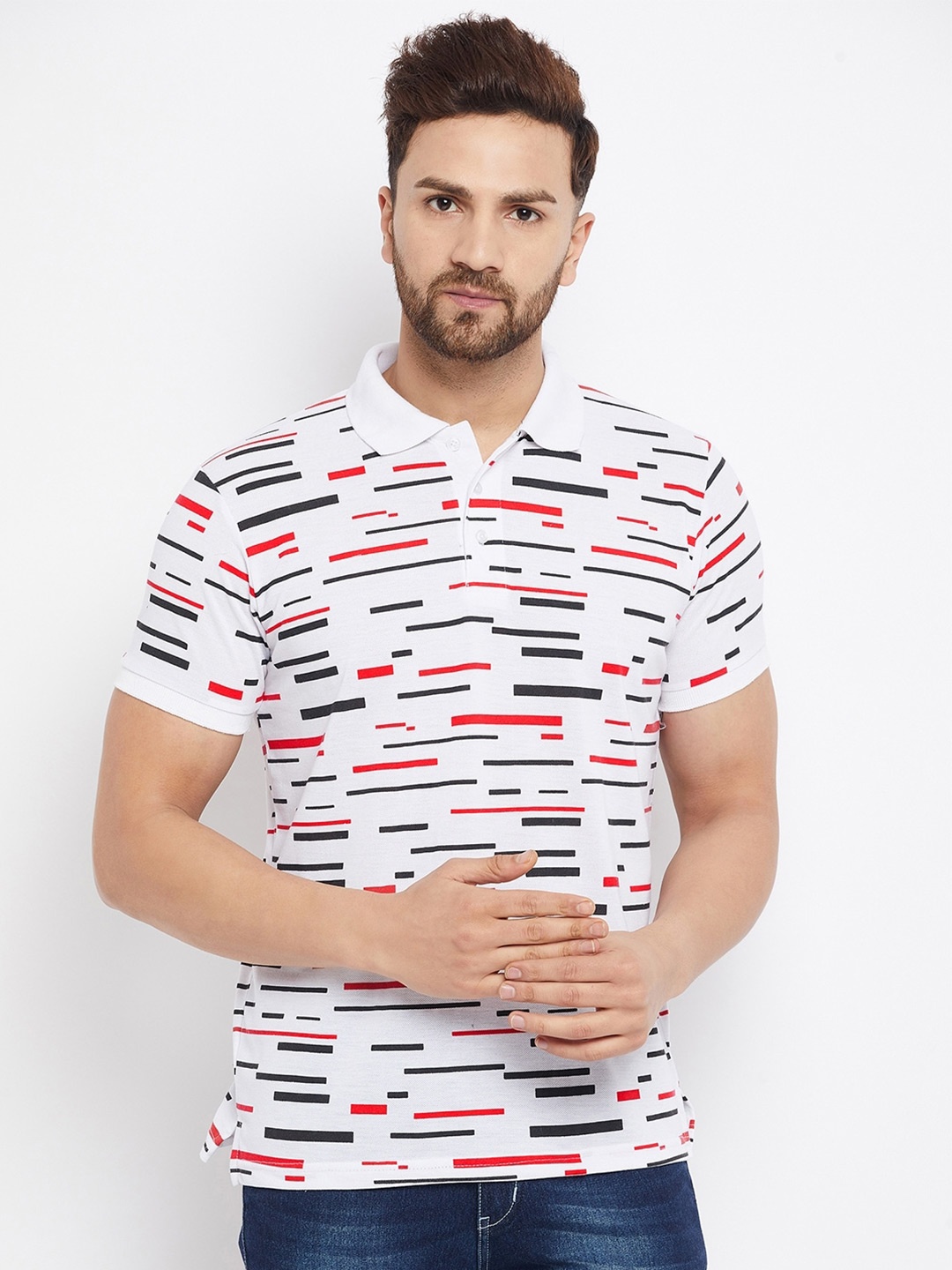 

THE MILLION CLUB Men White Geometric Polo Collar T-shirt
