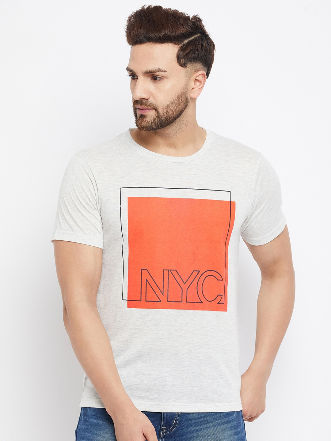 

THE MILLION CLUB Men White & Orange Typography Printed T-shirt