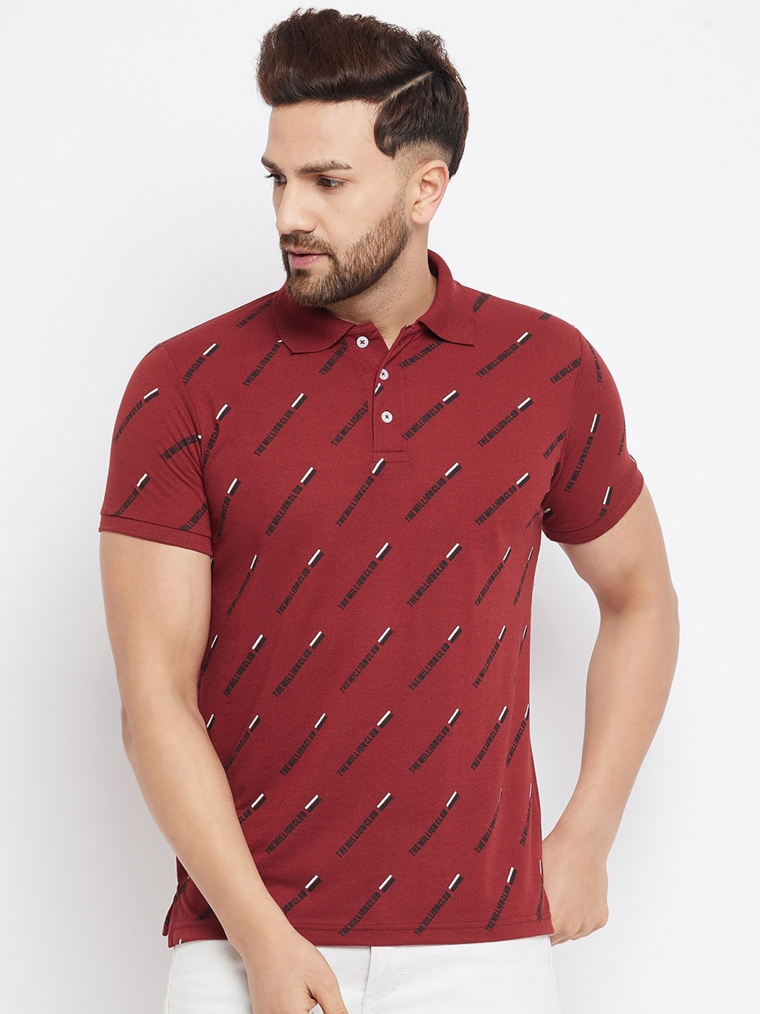 

THE MILLION CLUB Men Maroon Typography Printed Polo Collar T-shirt