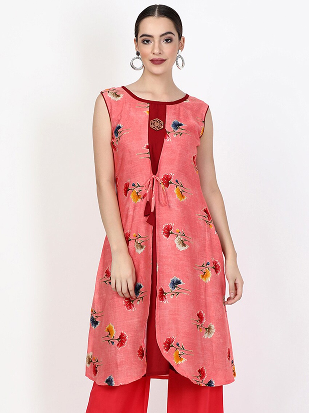 

V2 Value & Variety Peach-Coloured & Red Floral Printed Panelled Kurti