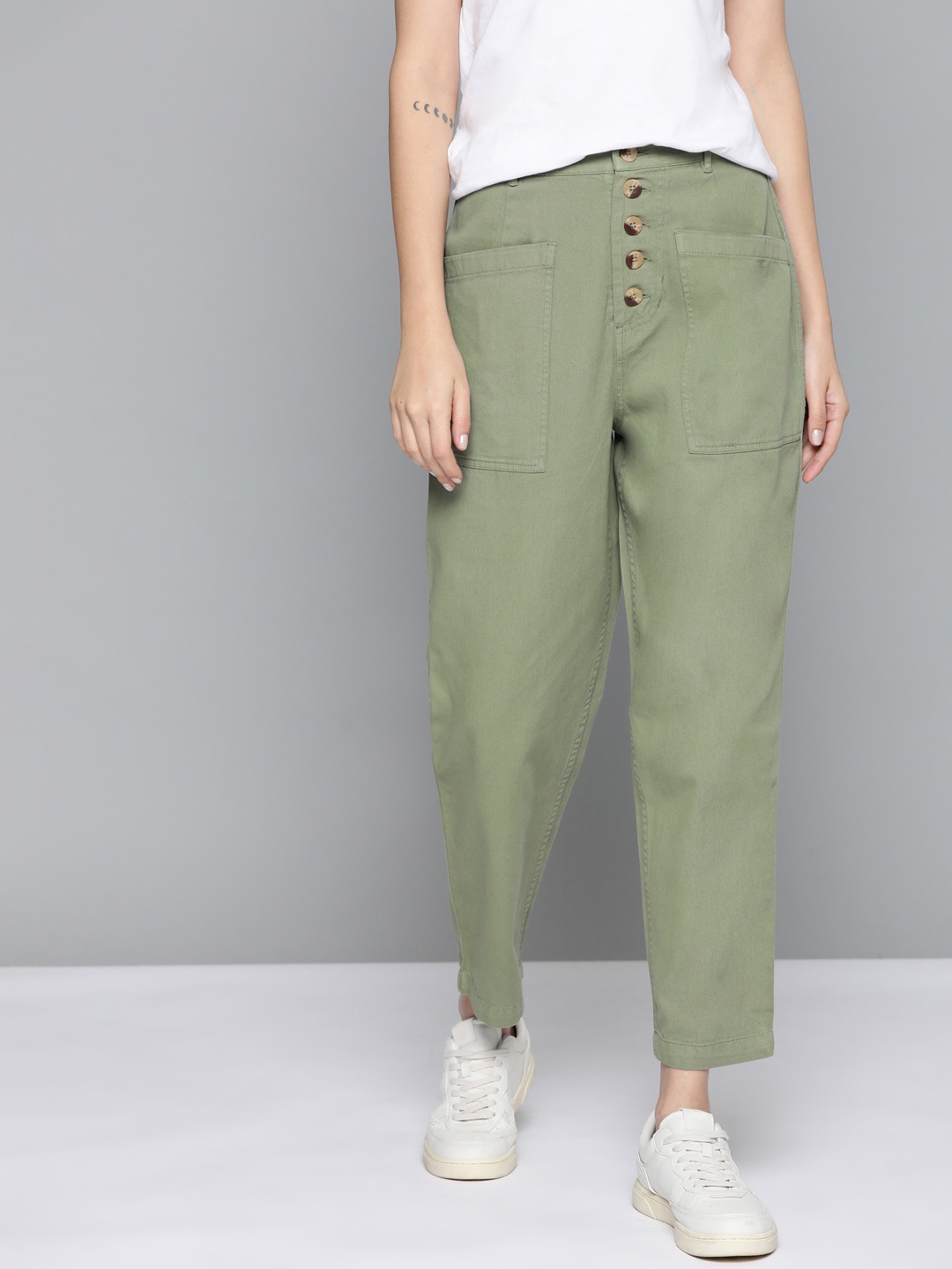 

Mast & Harbour Women Sage Green Pure Cotton Regular Button-Fly Trousers