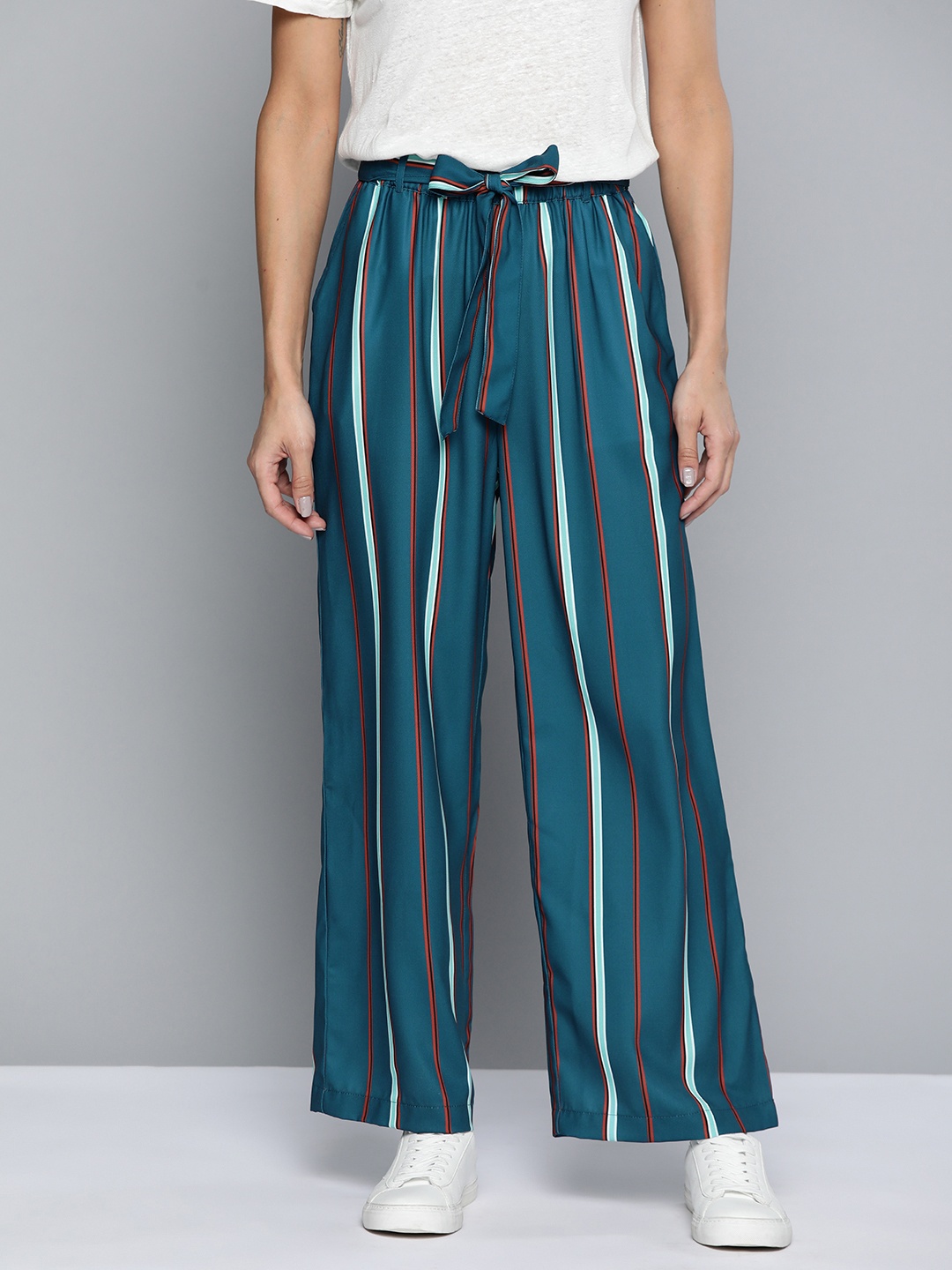 

Mast & Harbour Women Teal Blue & White Striped Trousers