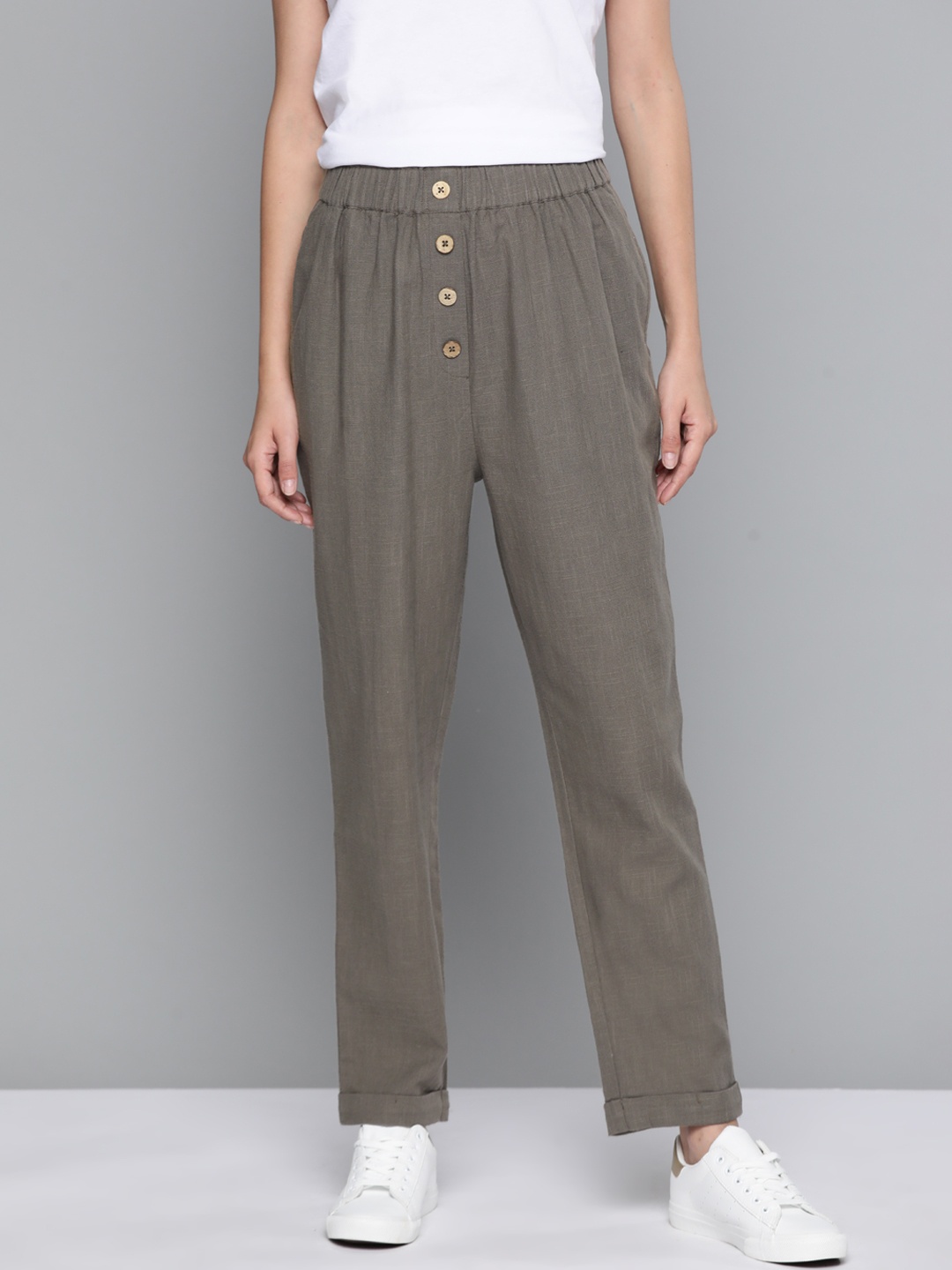

Mast & Harbour Women Taupe Solid Pure Cotton Trousers