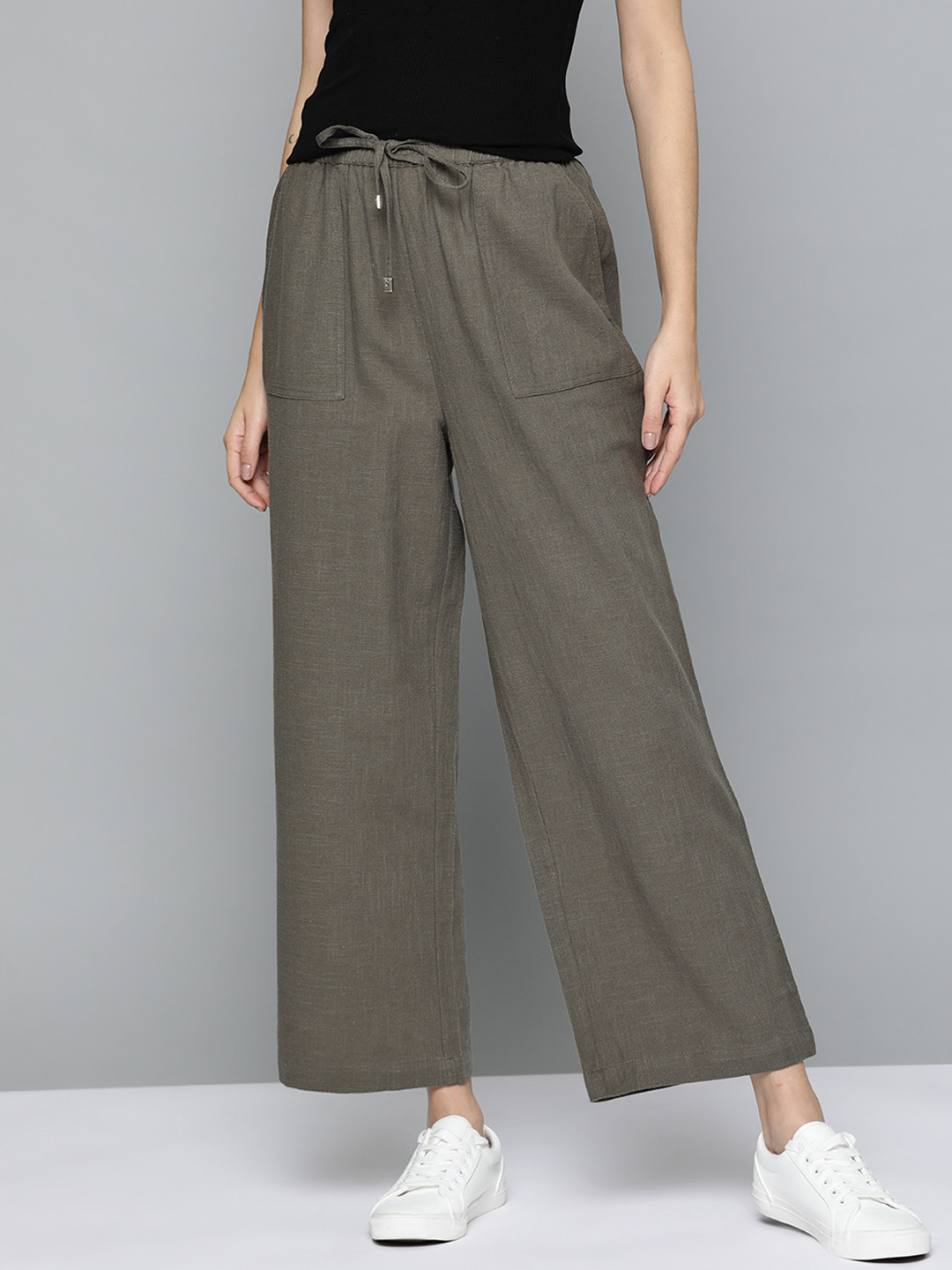

Mast & Harbour Women Olive Green Solid Pure Cotton Trousers