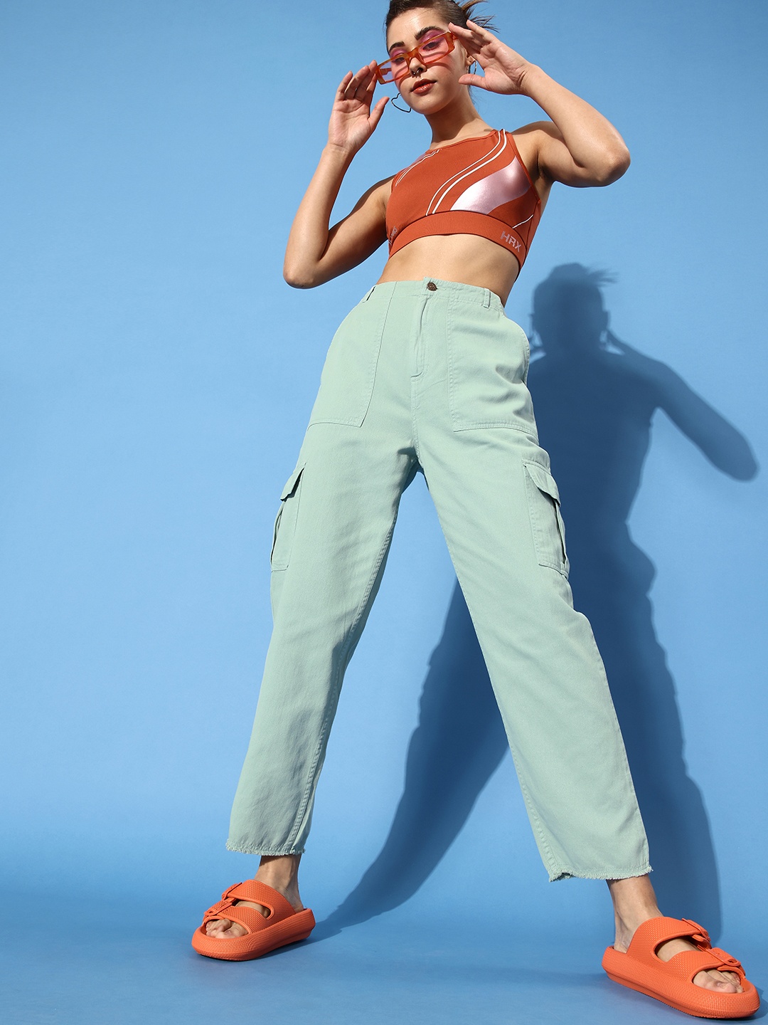 

Mast & Harbour Women Mint Green Pure Cotton Solid Cargos