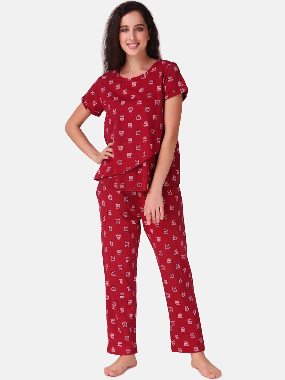 

Masha Women Maroon & White Printed Pure Cotton Maternity Night suit