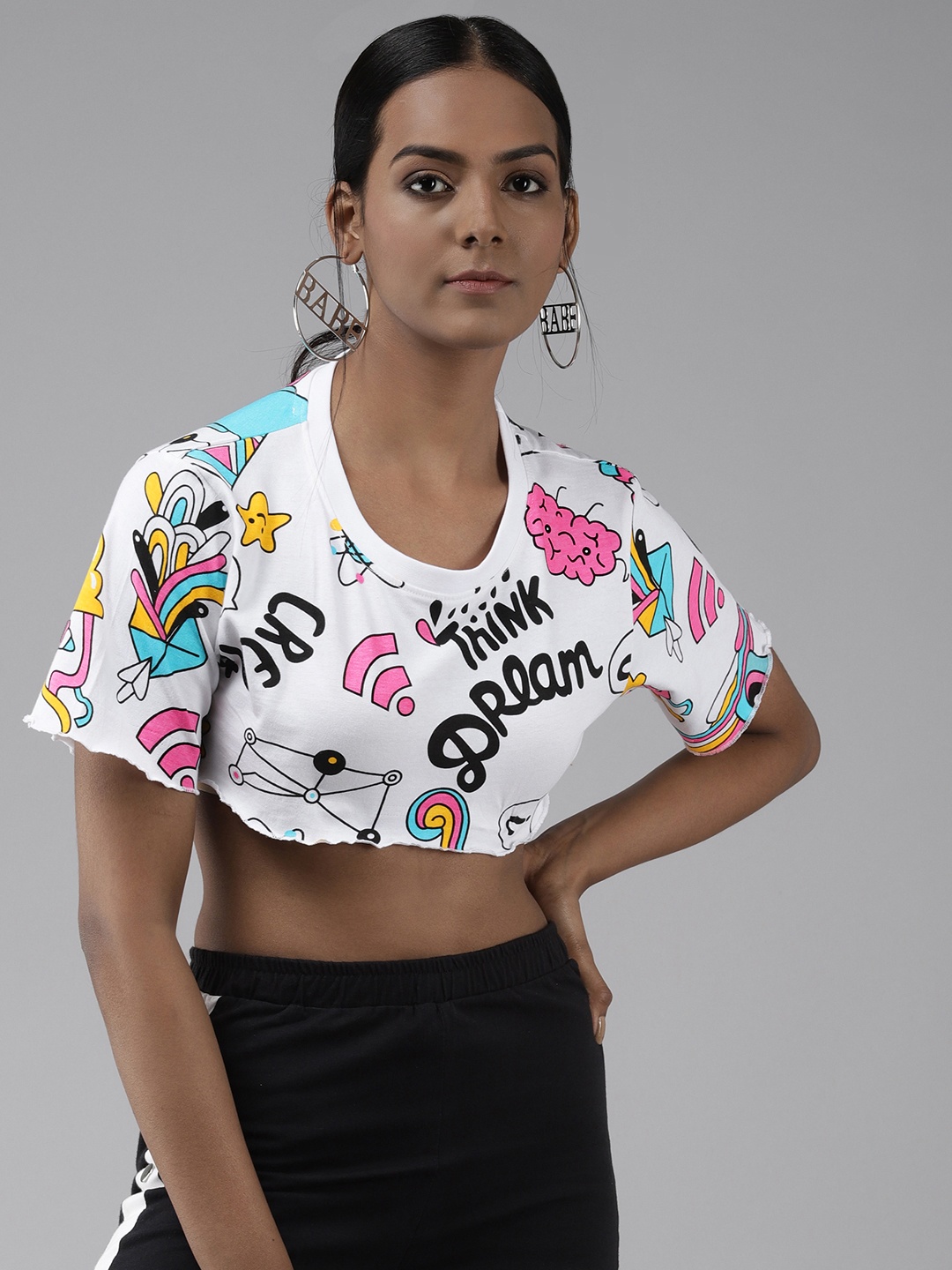 

The Dry State Women White Printed Loose Cotton Crop T-shirt