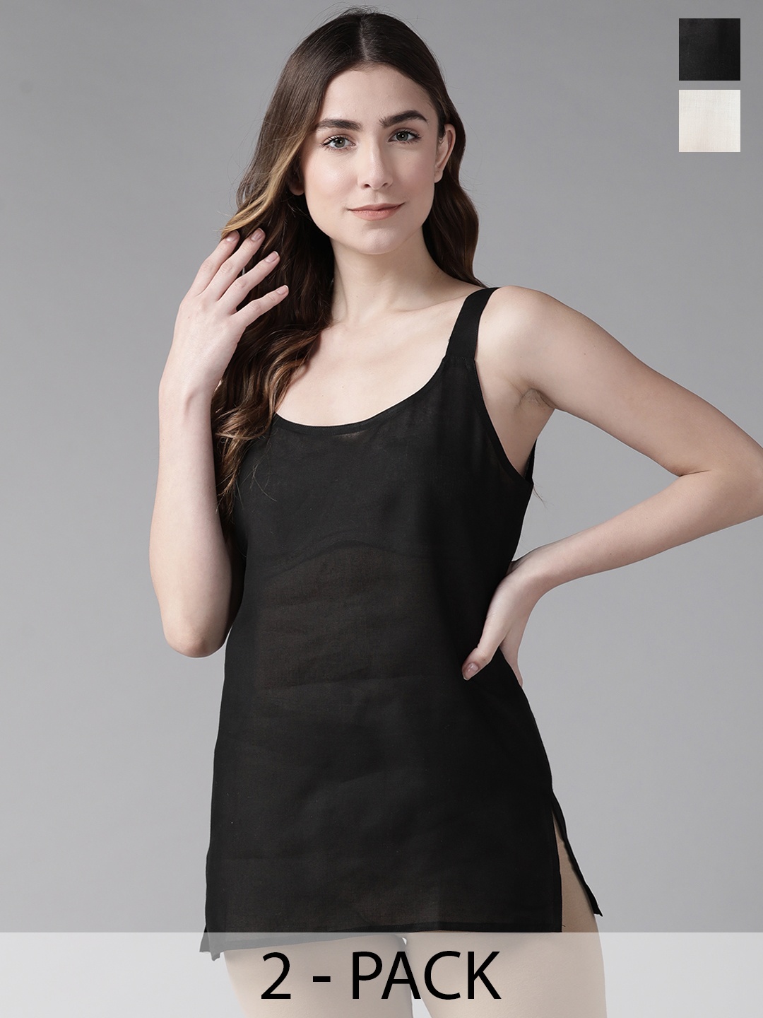 

ADA Women Pack of 2 Black & Cream-Coloured Solid CottonHandloom Camisoles