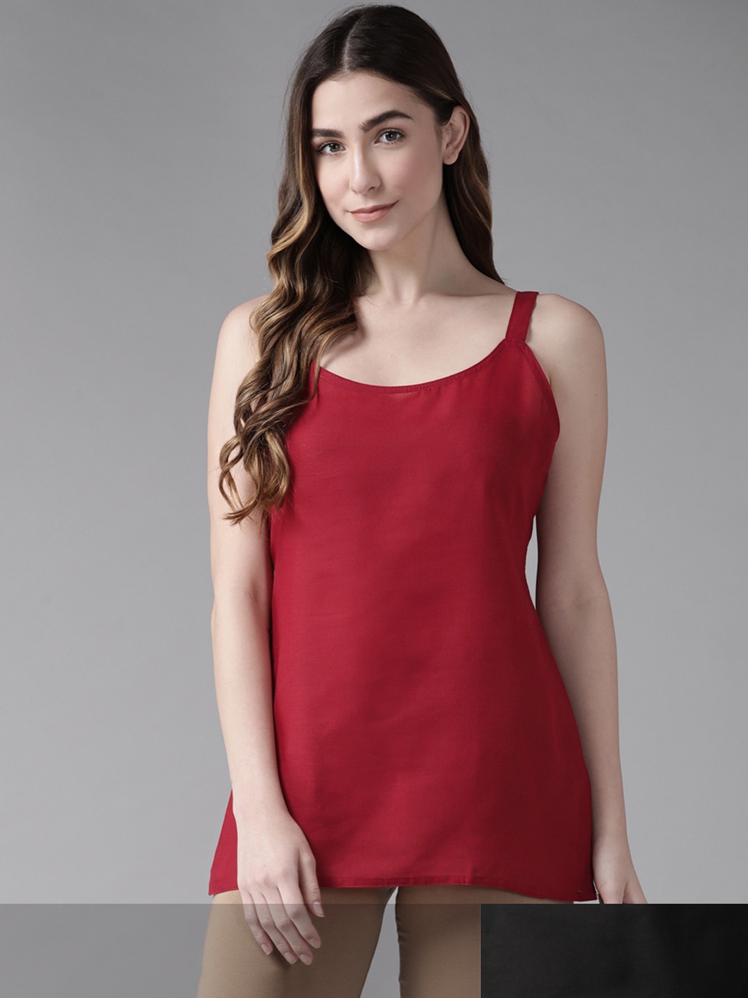 

ADA Women Black & Maroon Pack of 2 Solid Non-Padded CottonHandloom Camisole