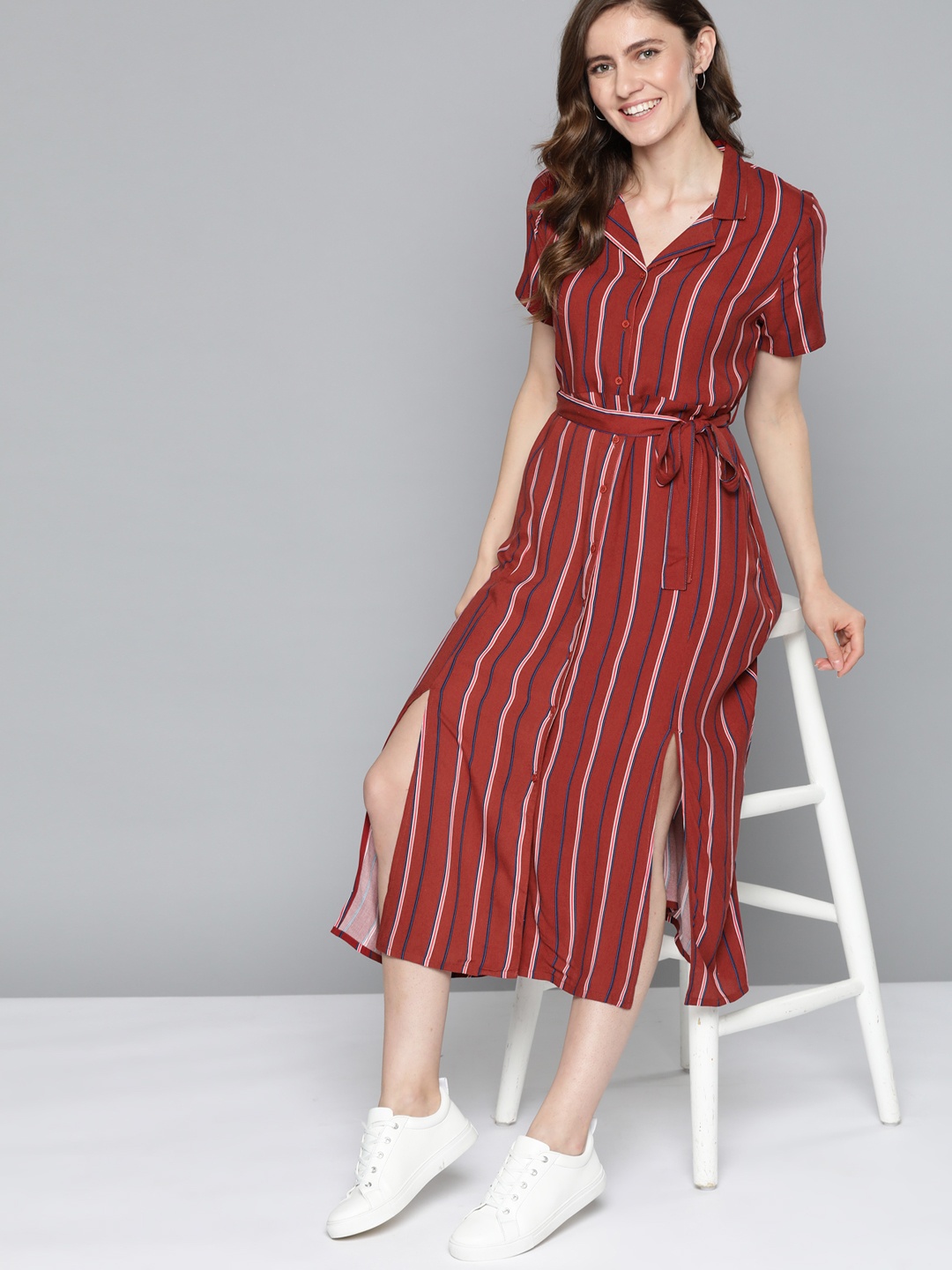 

Mast & Harbour Maroon & Blue Striped Shirt Midi Dress