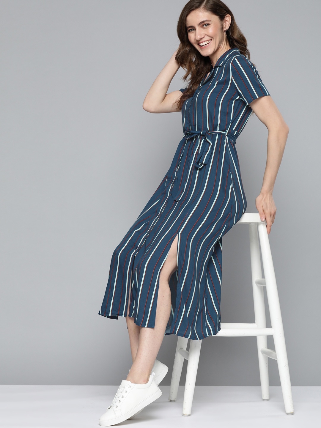 

Mast & Harbour Navy Blue & Orange Striped Shirt Midi Dress