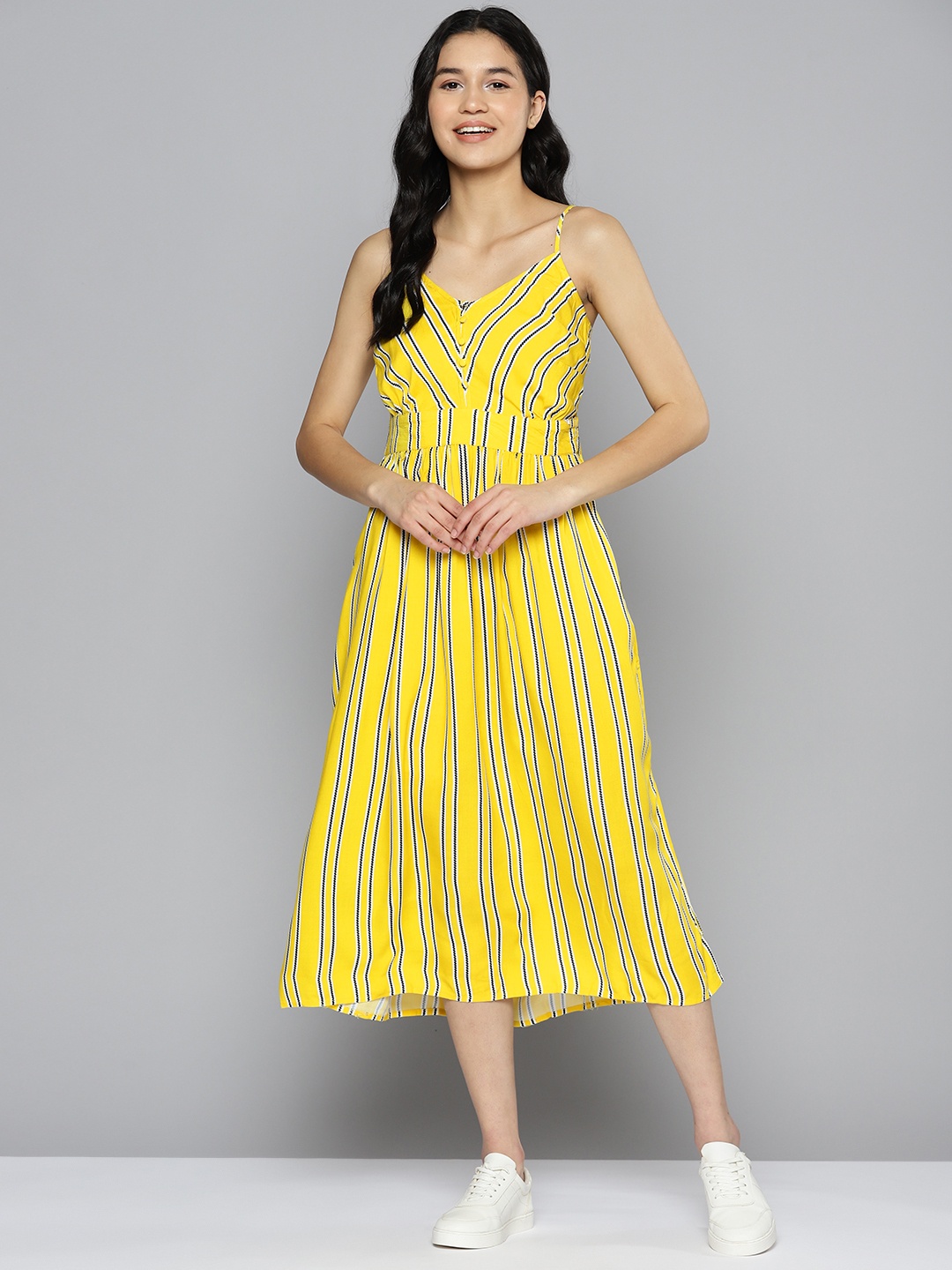 

Mast & Harbour Striped Shoulder Straps A-Line Midi Dress, Yellow