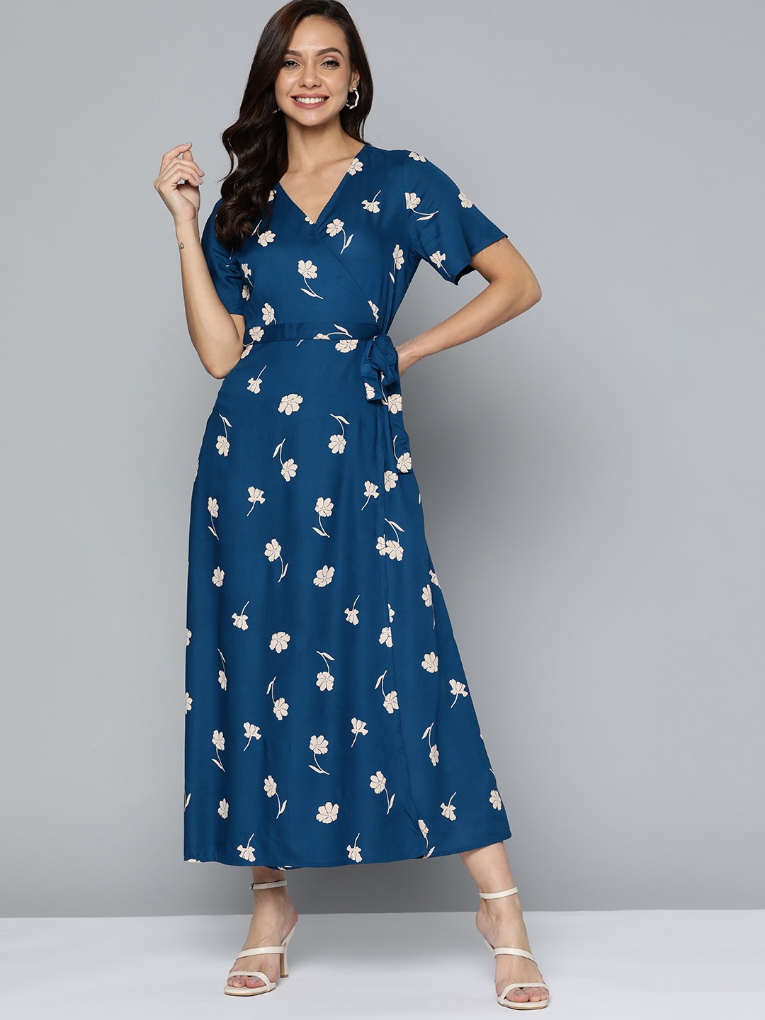 

Mast & Harbour Navy Blue & Beige Floral Print V-Neck Flared Sleeves Rayon Wrap Midi Dress