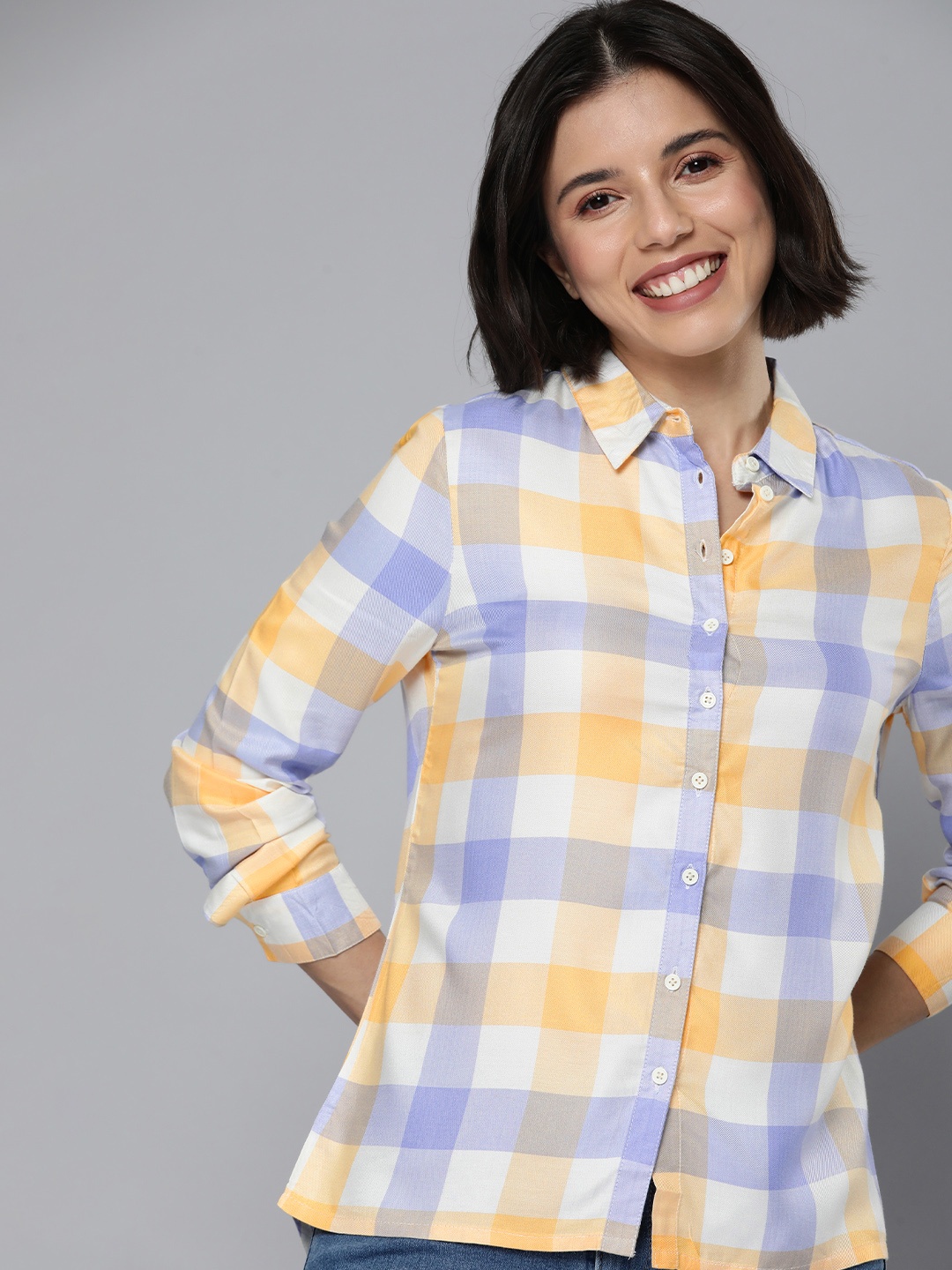

Mast & Harbour Women Yellow And Blue Slim Fit Buffalo Checked Casual Shirt