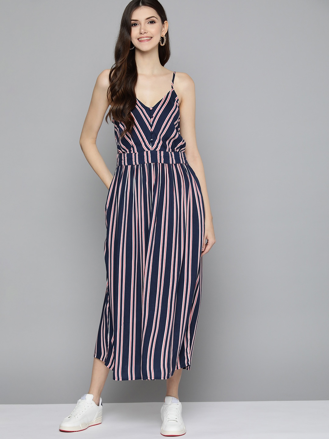 

Mast & Harbour Navy Blue & Pink Striped Shoulder Straps A-Line Midi Dress