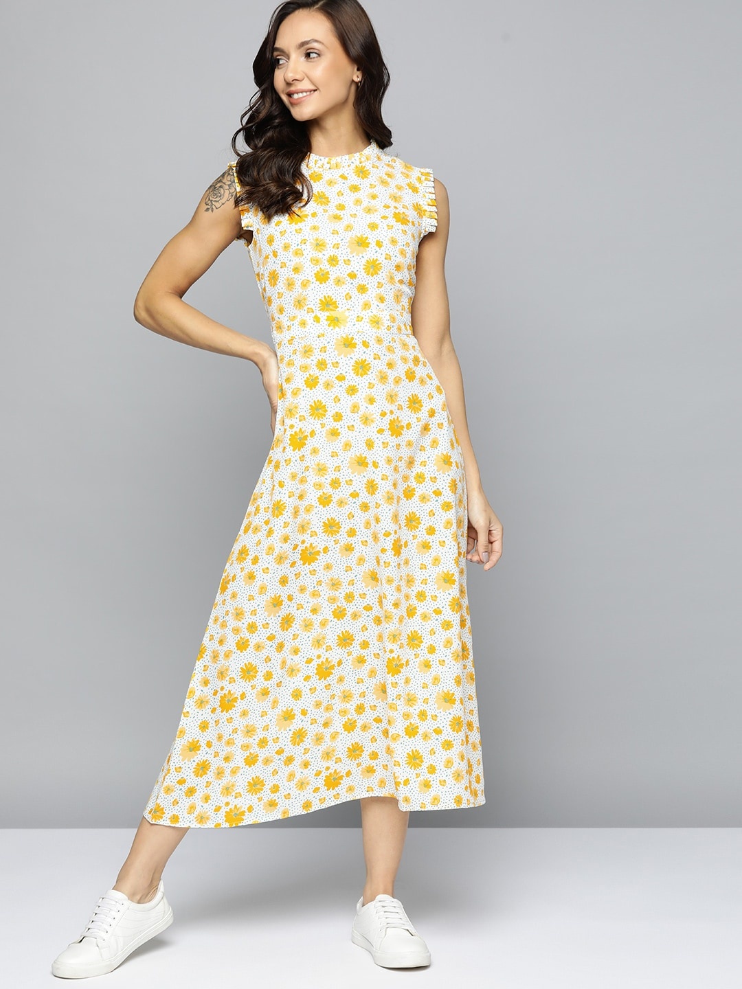 

Mast & Harbour Yellow & Teal Floral Keyhole Neck A-Line Midi Dress