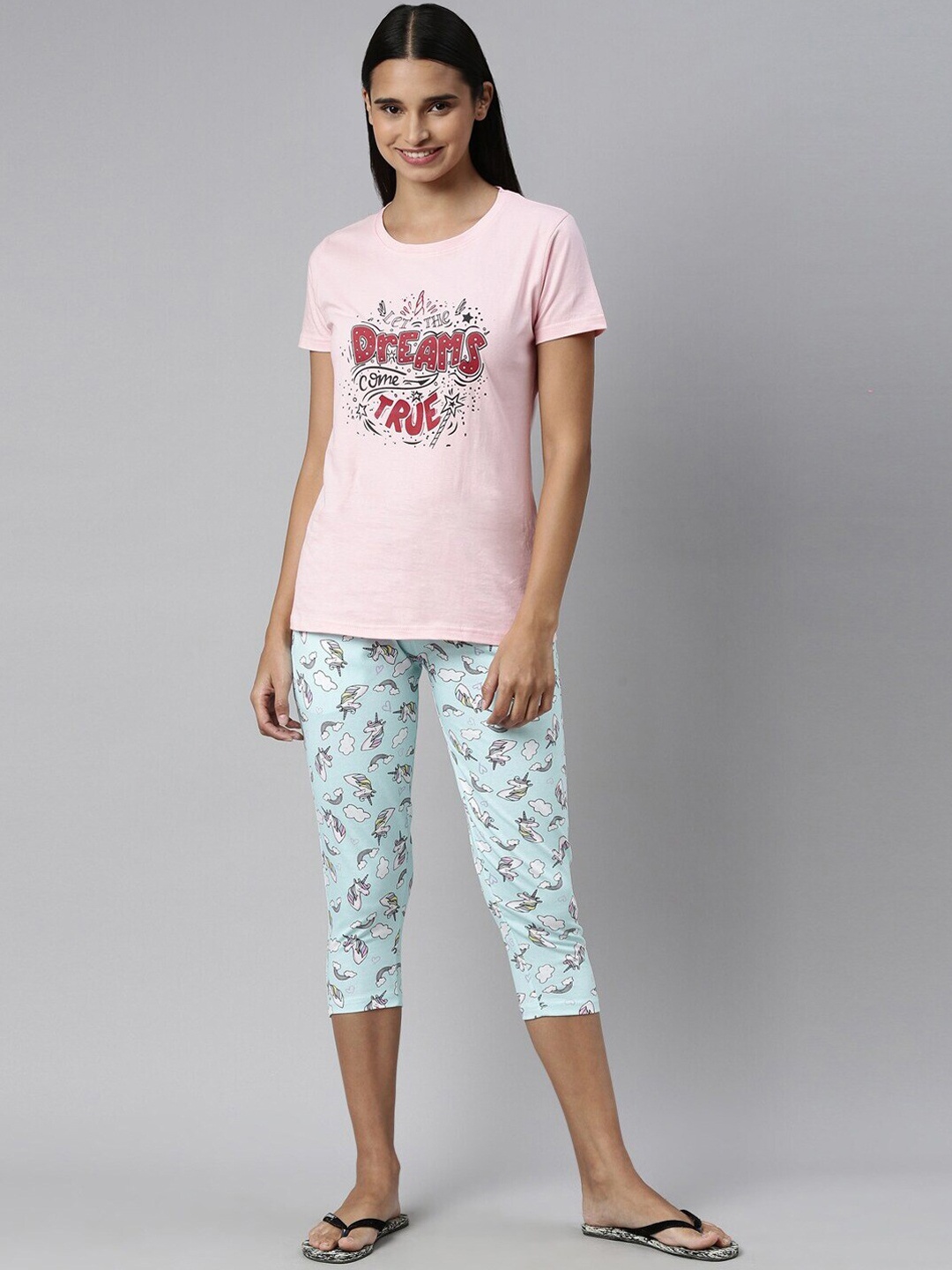

Kryptic Women Pink & Blue Printed Pure Cotton Night suit