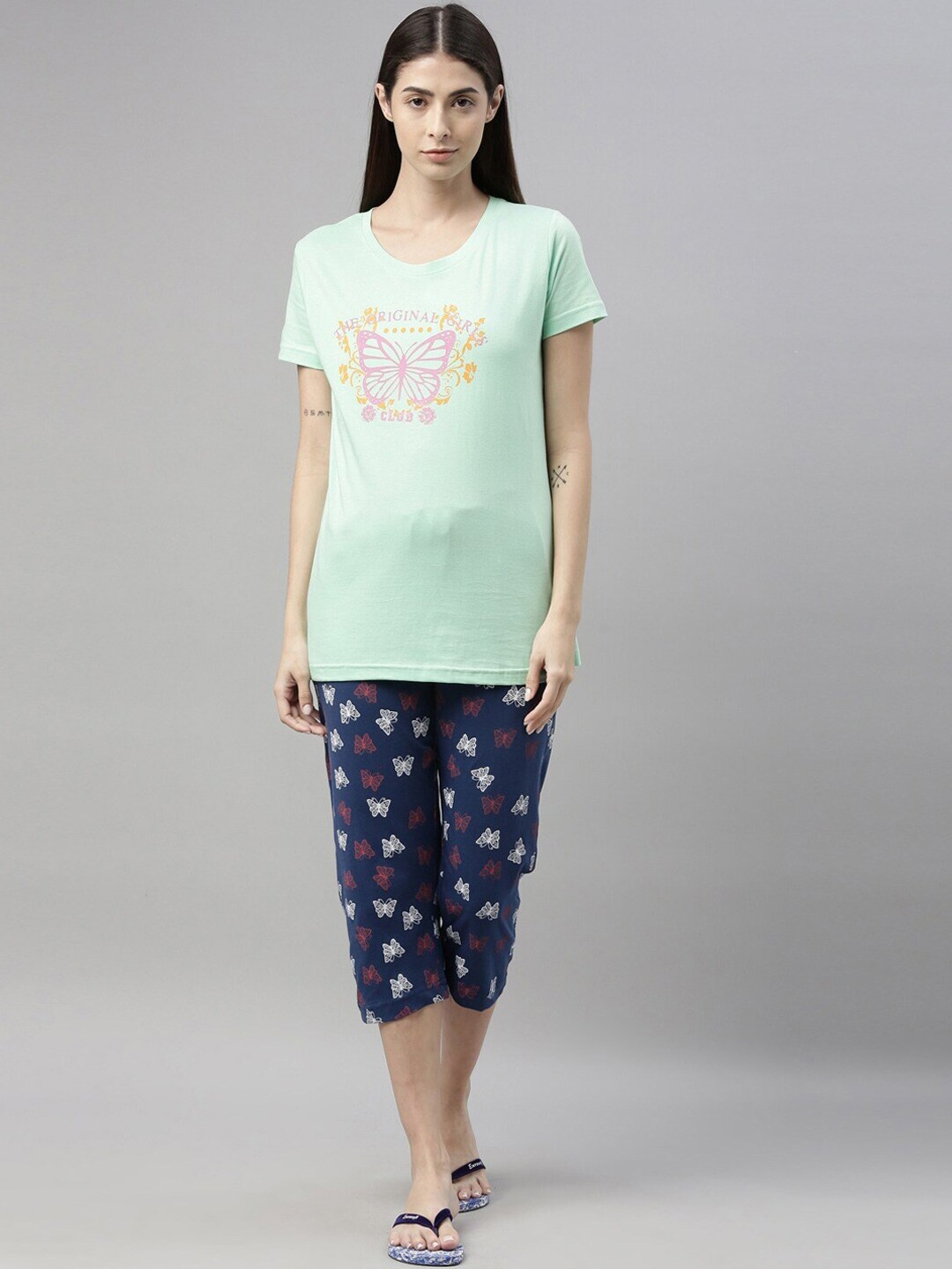 

Kryptic Women Green & Navy Blue Printed Pure Cotton Night suit