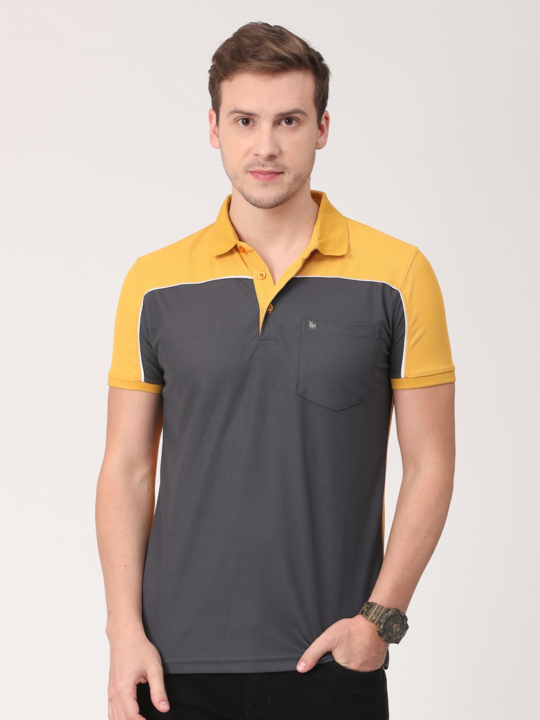 

BULLMER Men Yellow & Grey Colourblocked Polo Collar Bio Finish Pockets T-shirt