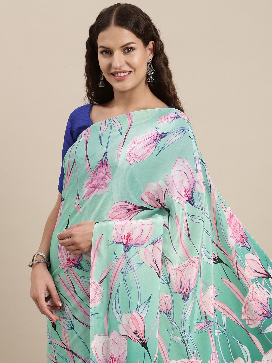 

navyasa Sea Green & Pink Floral Print Liva Crepe Saree