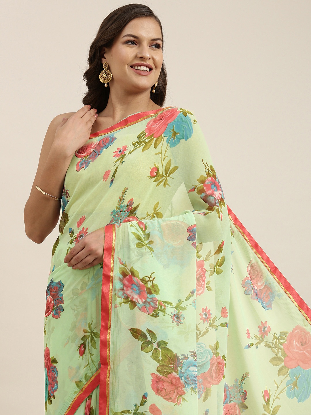 

Sangria Mint Green & Peach-Coloured Floral Pure Georgette Saree