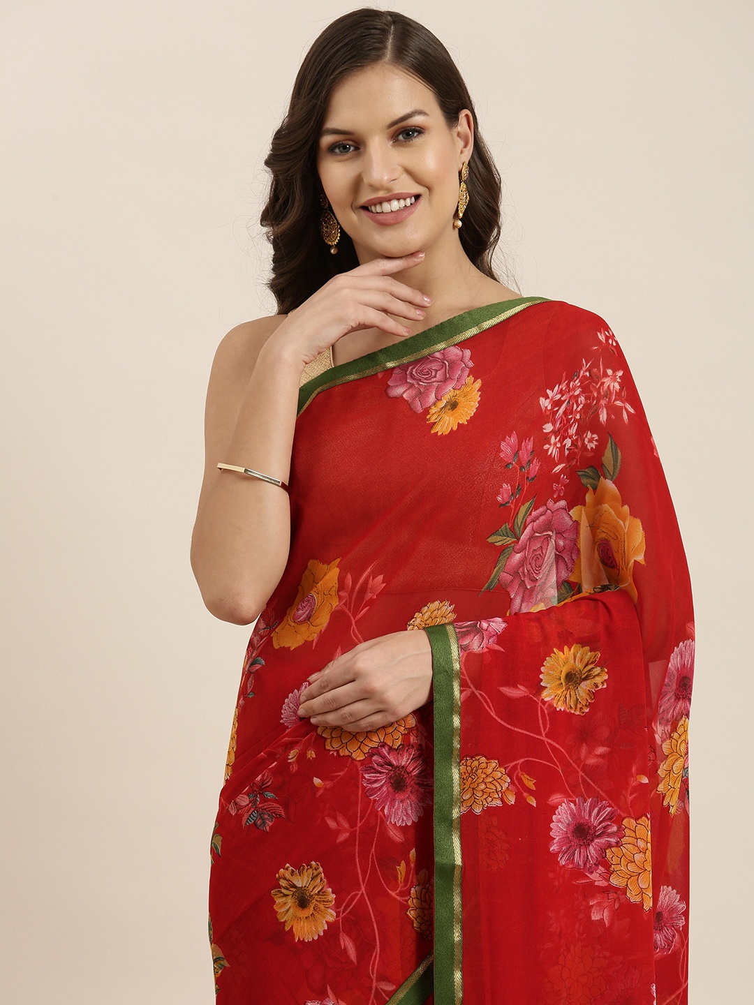 

Sangria Red & Yellow Floral Pure Georgette Saree