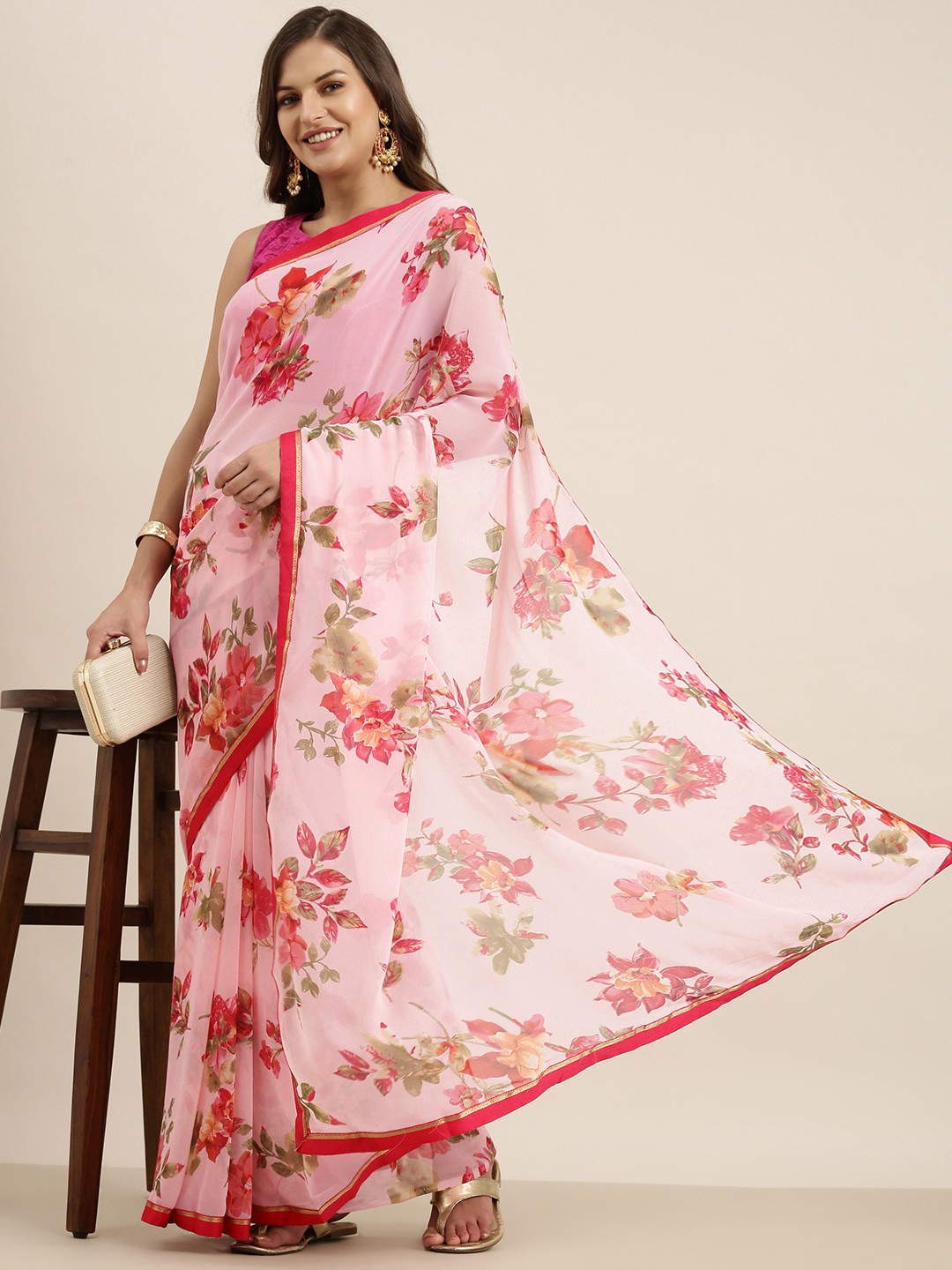 

Sangria Peach-Coloured & Green Floral Pure Georgette Saree